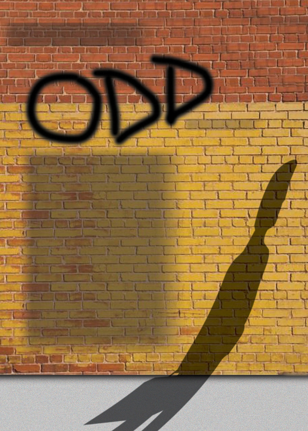 Artwork of shadow against a yellow brick wall and title "ODD"