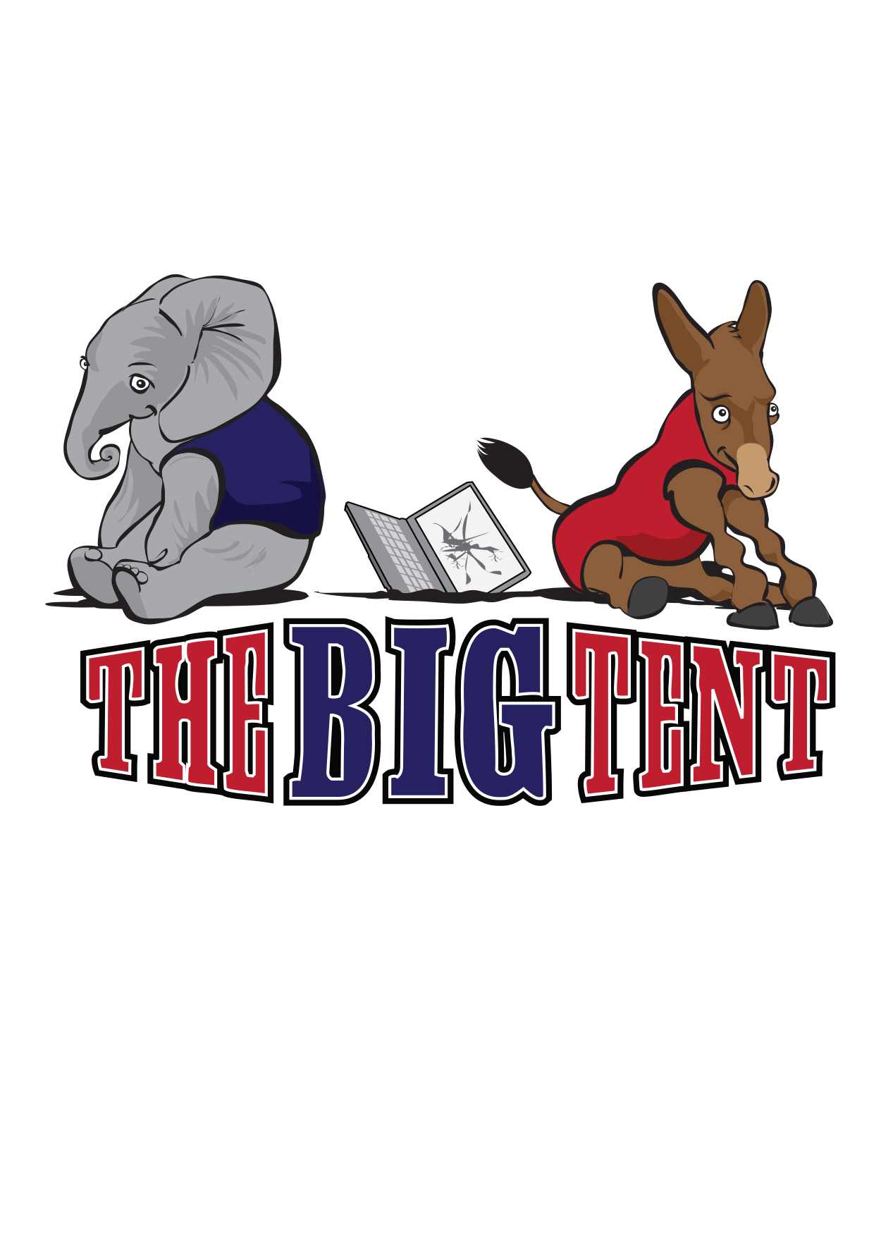 cartoon of elephant and donkey representing political parties with title "The Big Tent"