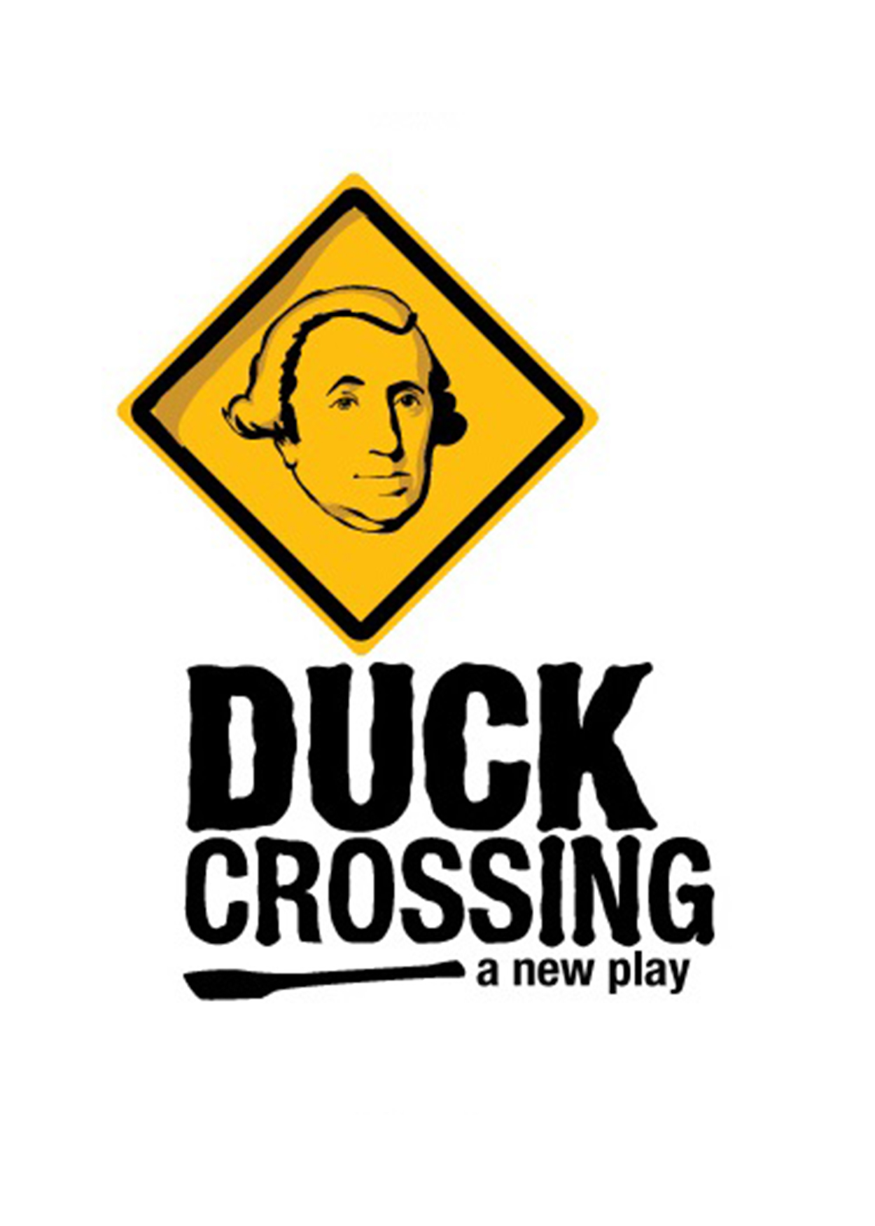 face of George Washington on a yellow crossing sign with title "Duck Crossing"