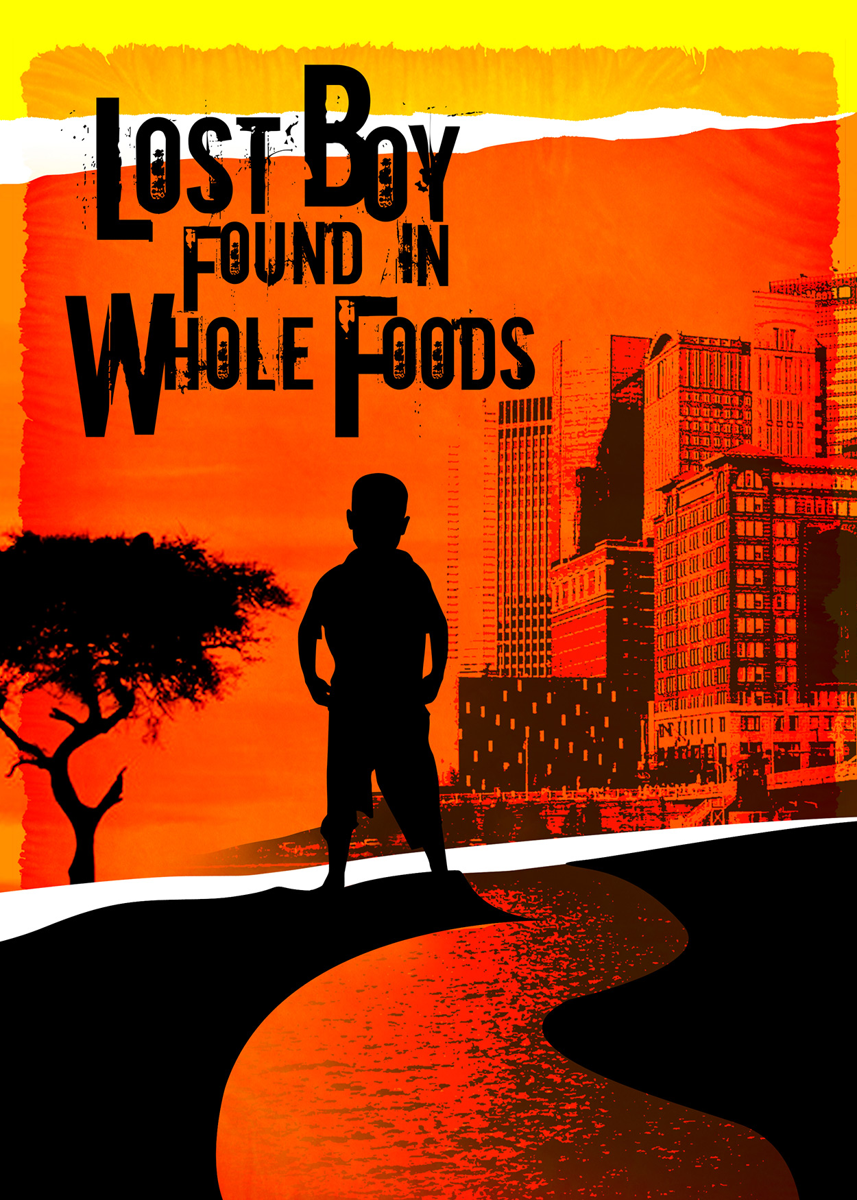 Artwork- silhouette of a man in front of city landscape in red, yellow and orange colors. title of play "Lost Boy in Whole Foods"