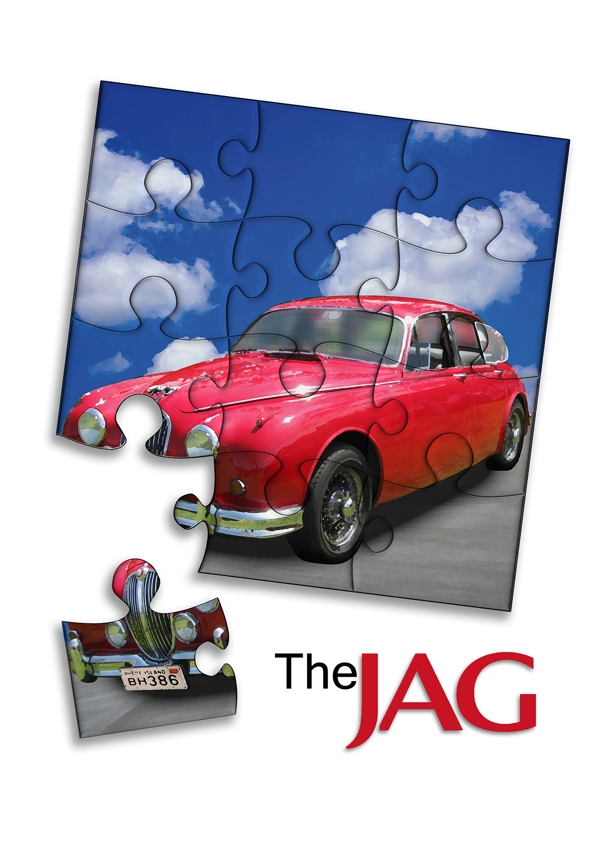 Puzzle of a red car with blue sky, one piece is separated from the completed puzzle. title of the play "The Jag"