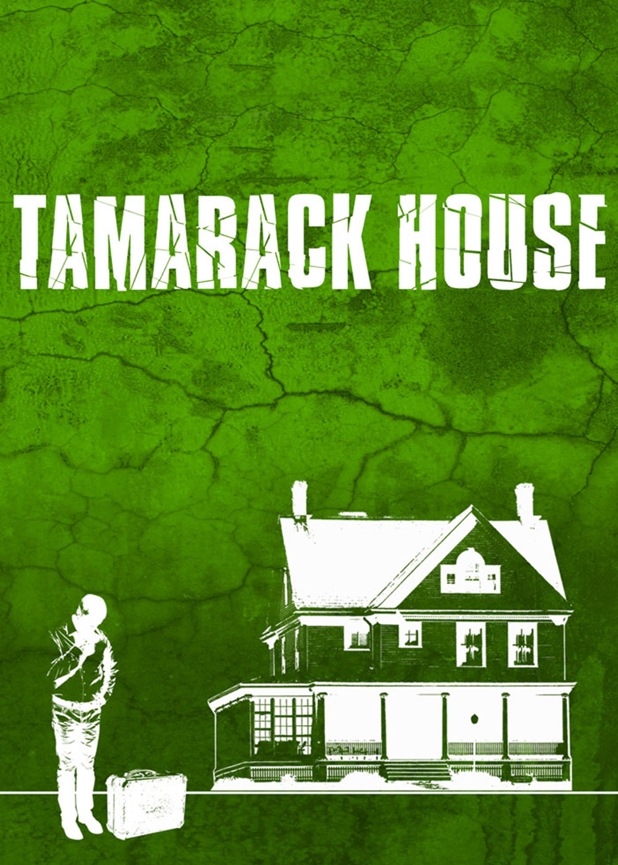 Artwork: Man with suitcase and large house against green background Title: "Tamarack House"