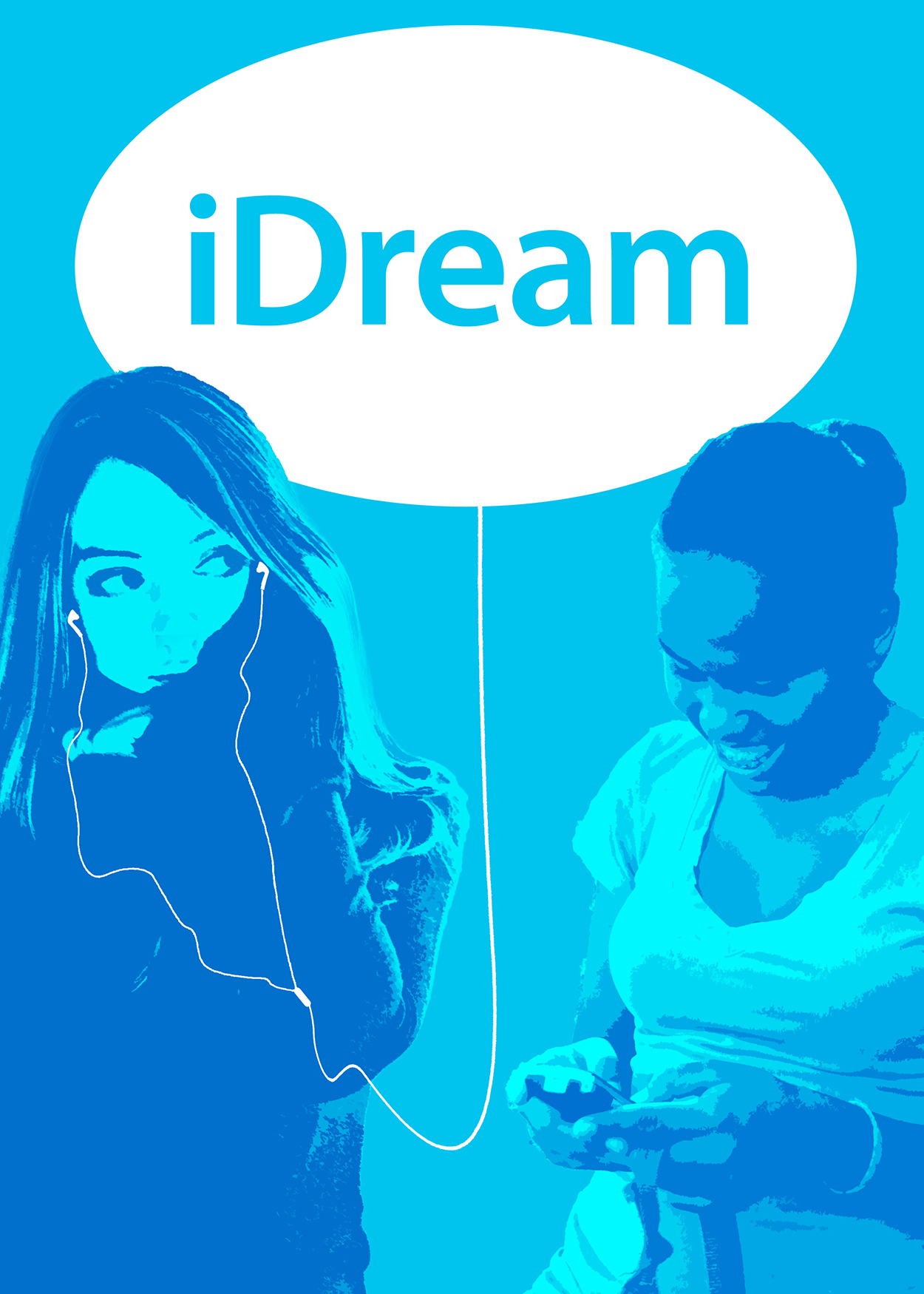 Artwork: two girls playing with their phones and listening to music. Title: iDream