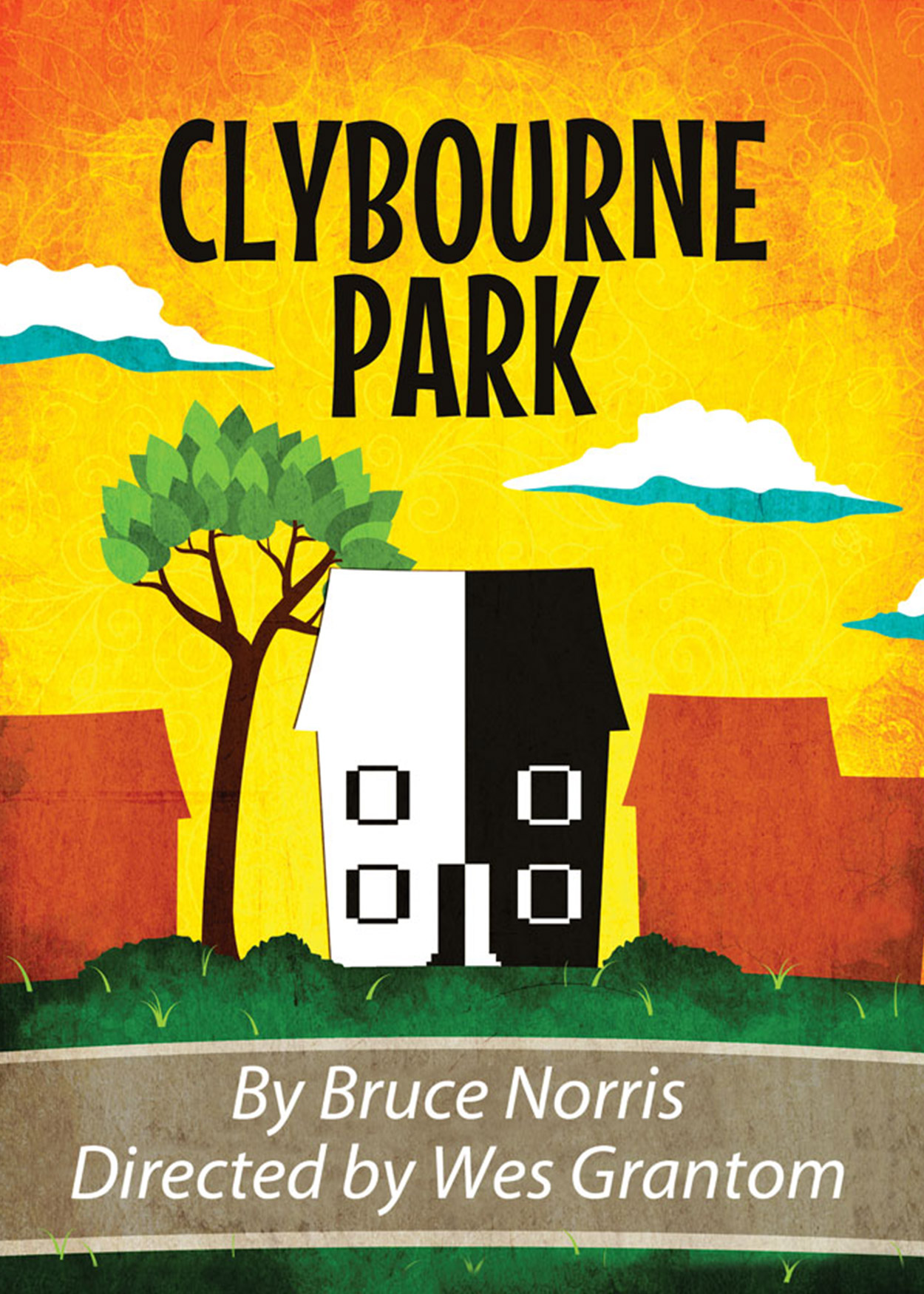 Key Art from Clybourne Park (2013). At the center a house is split in half with one side black and the other side white. Other houses, in a muted red color, surround the house.