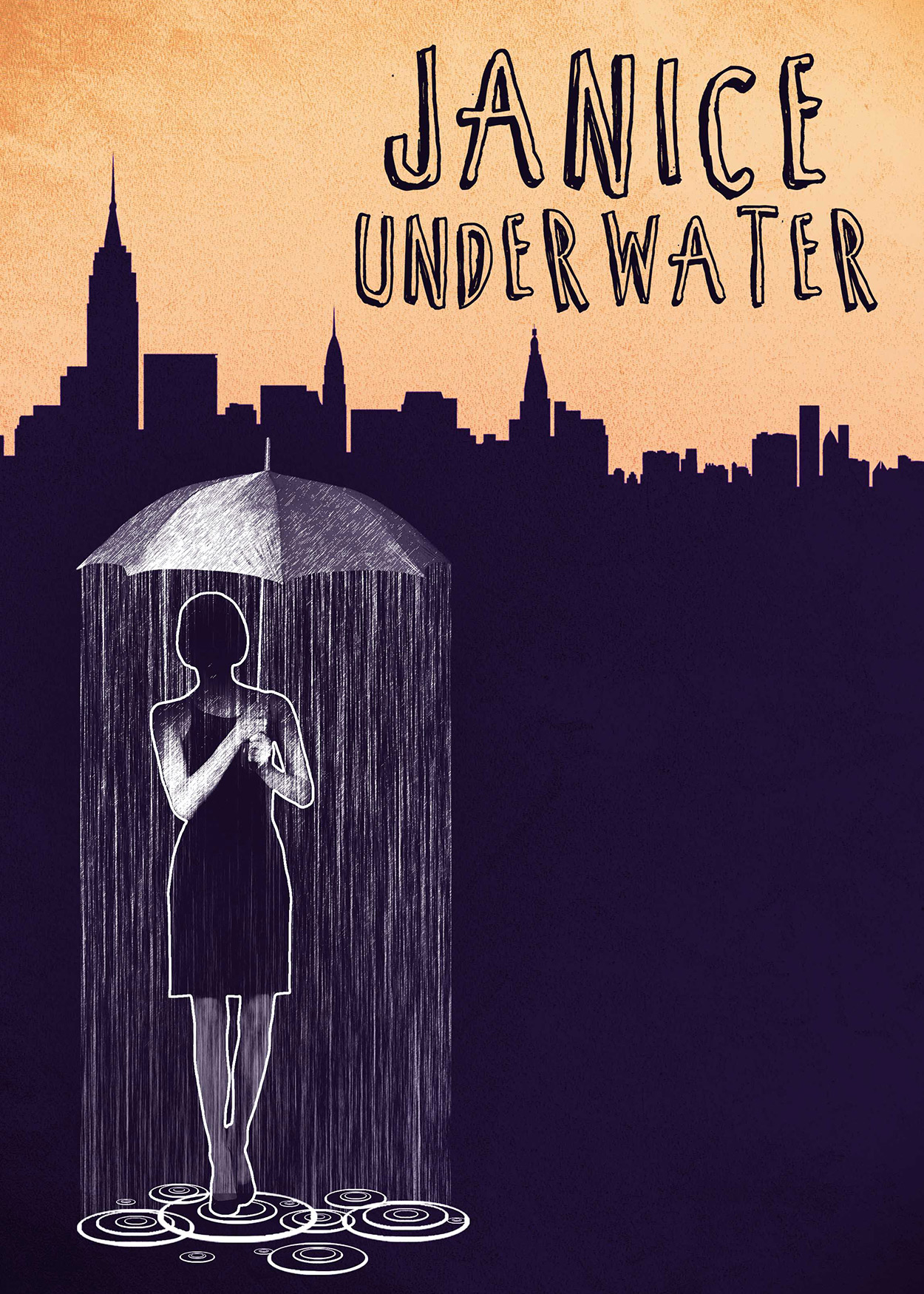 Key Art from Janice Underwater (2014). A silouhette of the New York City skyline is at the background. At the forefront, an outline of a woman is holding an umbrella. It is raining only around her.