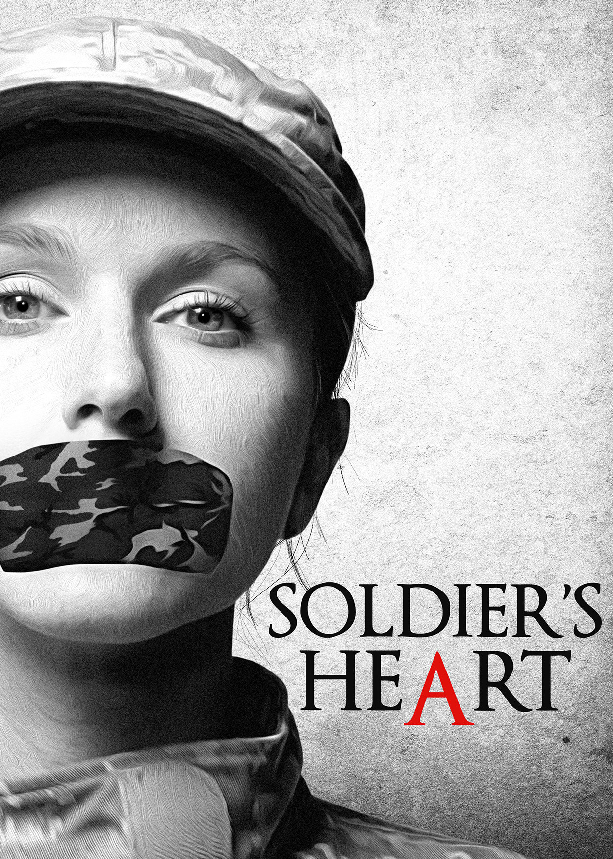 Key Art from Soldier's Heart (2014). A black & white close-up photo of a woman's face. She is wearing an Army unform cap. There is a camoflauge-print sticker over her mouth.