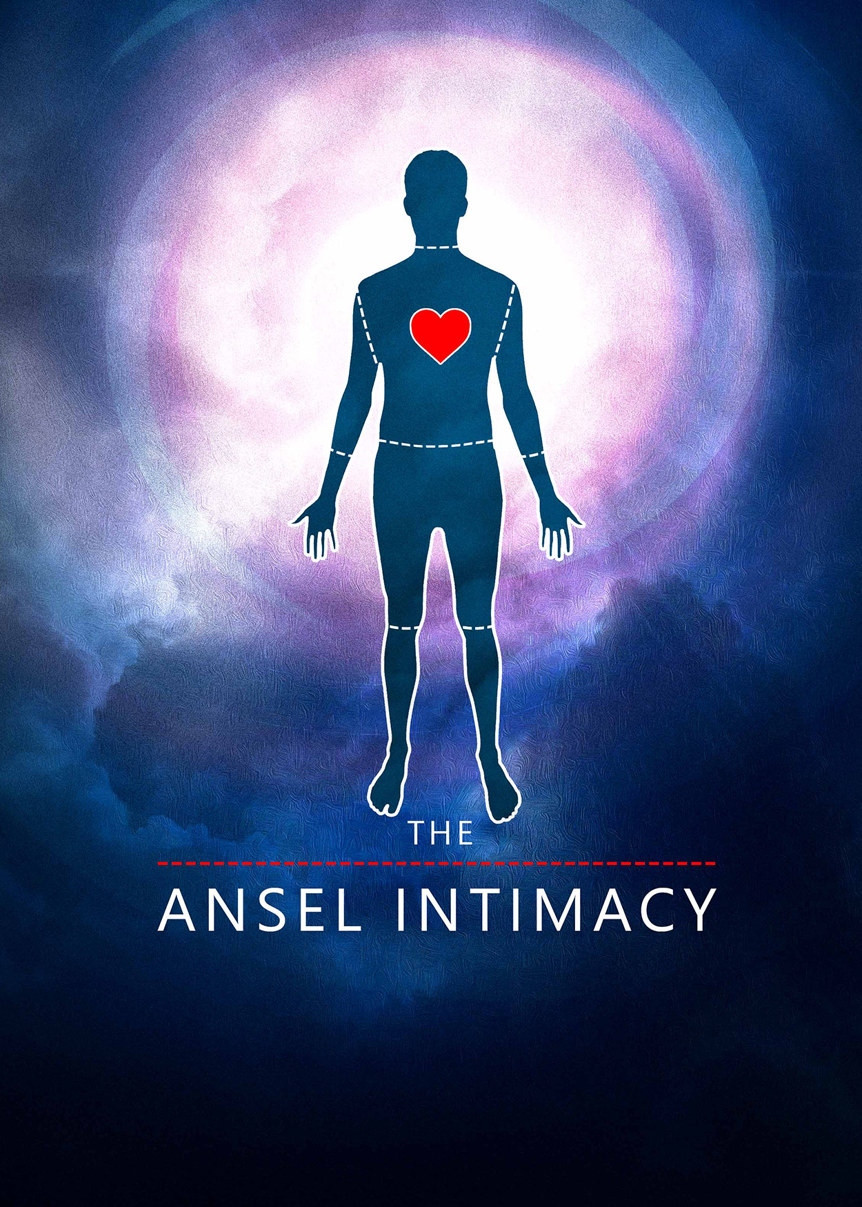 Key Art from The Ansel Intimacy (2014). Dark clouds surround a bright light at the center of the image. An outline of a man is at the center. There are no other details about the man except an enlarged red heart (shape) at the center of his chest.