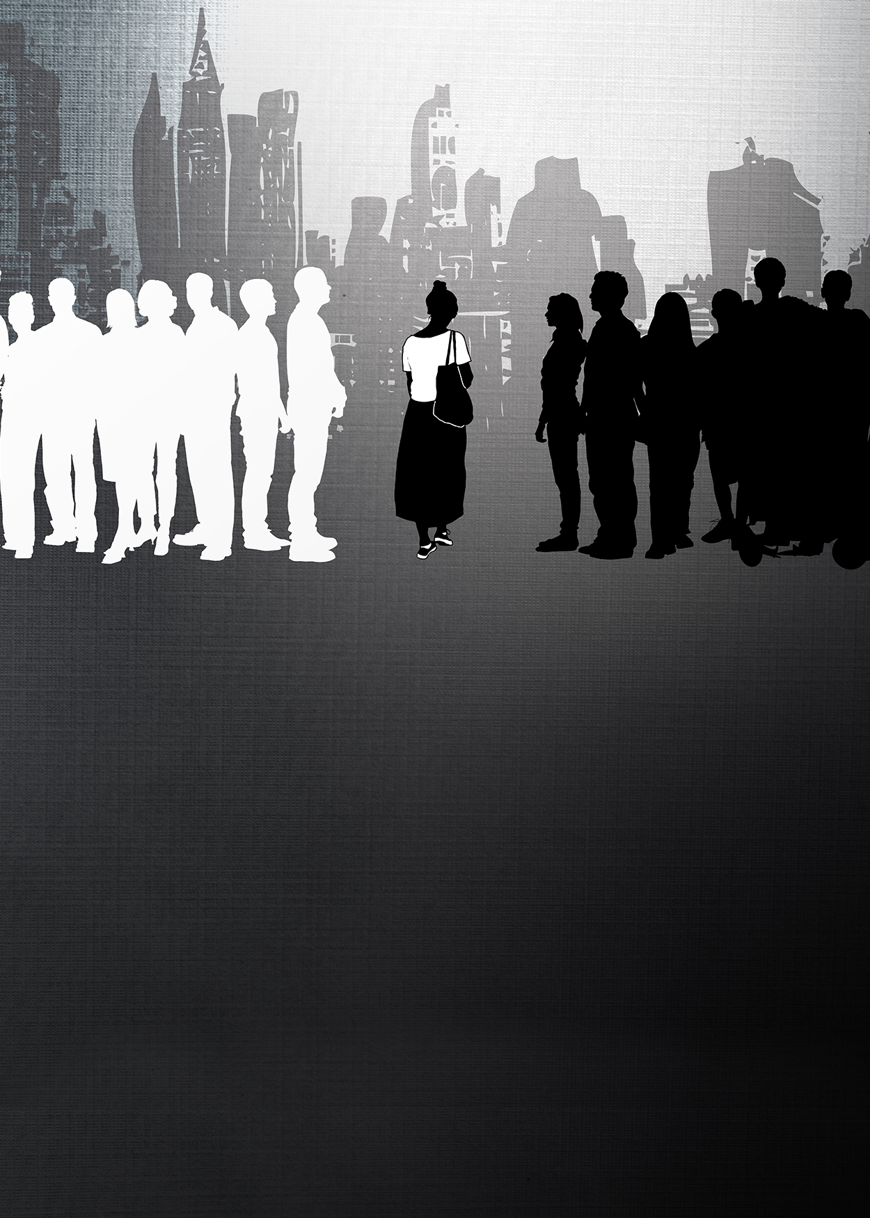 Key Art from Baton (2018). The silhouette of a city is in the background. The silhoutte of a woman, dressed in white and black, stands between two groups of silhoutted people- the group to the left is white, the group to the right is black.