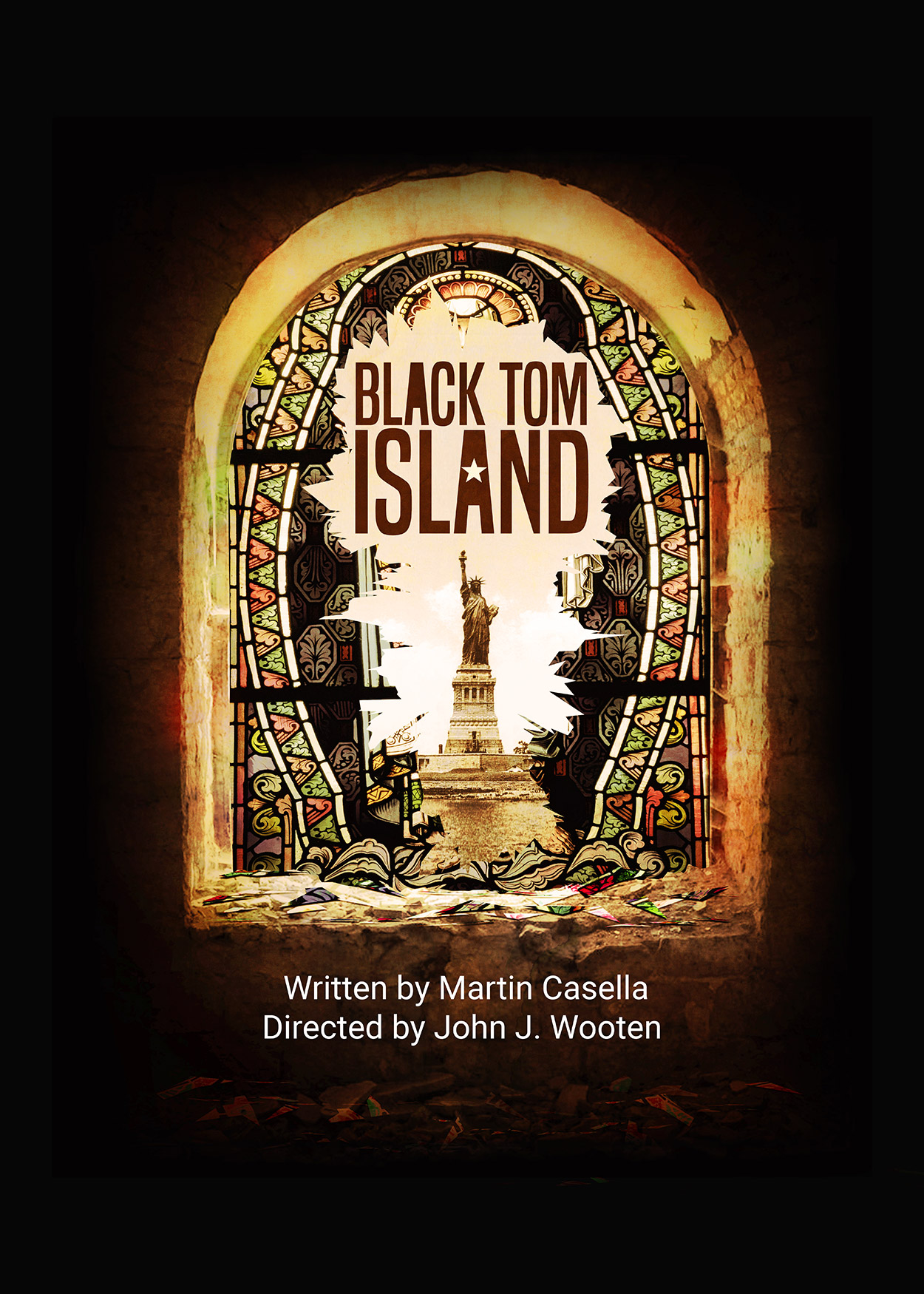 Key Art from Black Tom Island (2018). An image of a shattered stained-glass window. At the center of the image, through the shattered window is the Statue of Liberty.