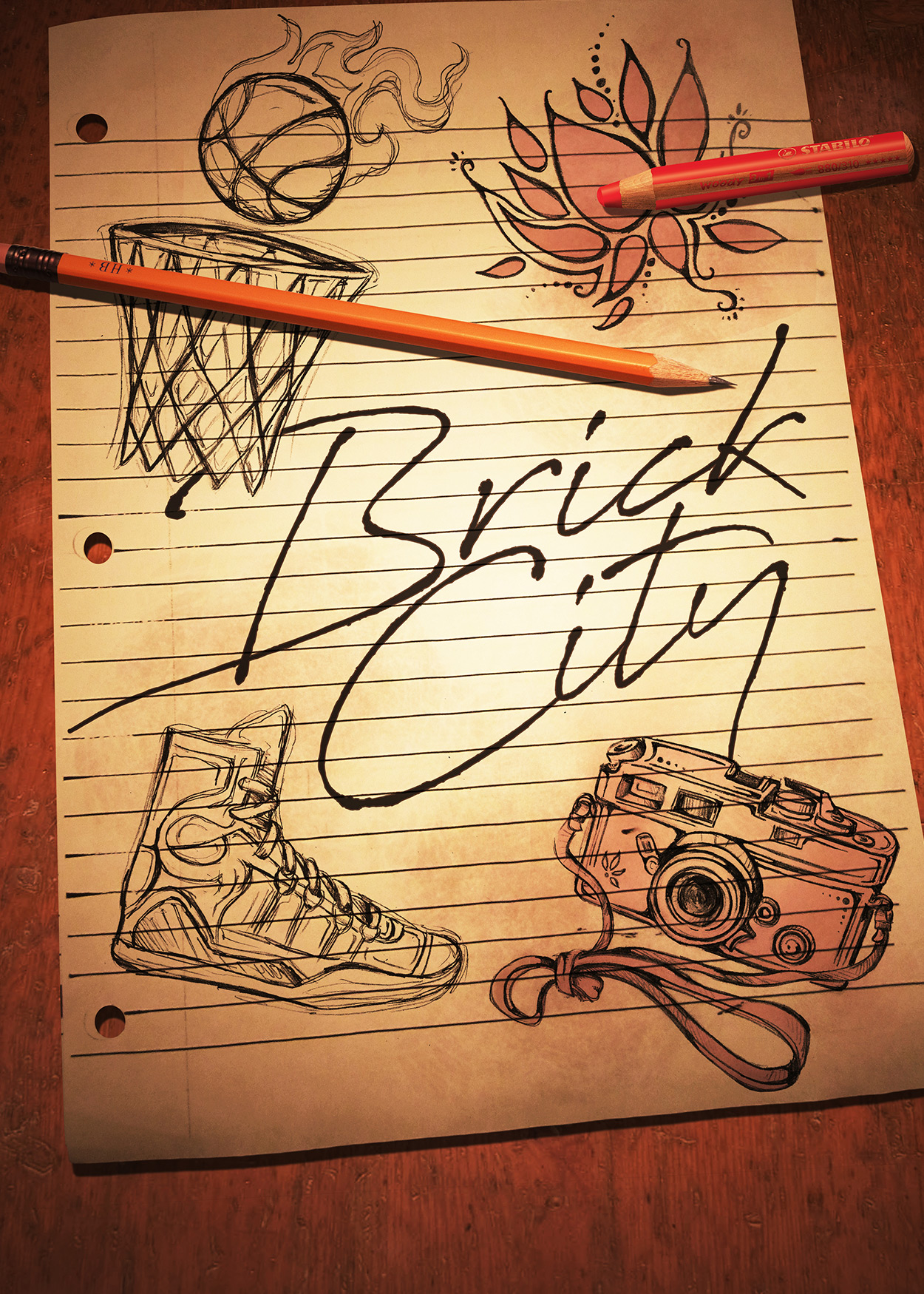 Key Art from Brick City (2018). An image of a sheet of lined notebook paper. Drawn in pencil and color-pencil are image of a basketball gooing into a net, a sneaker, a camera and a flower.