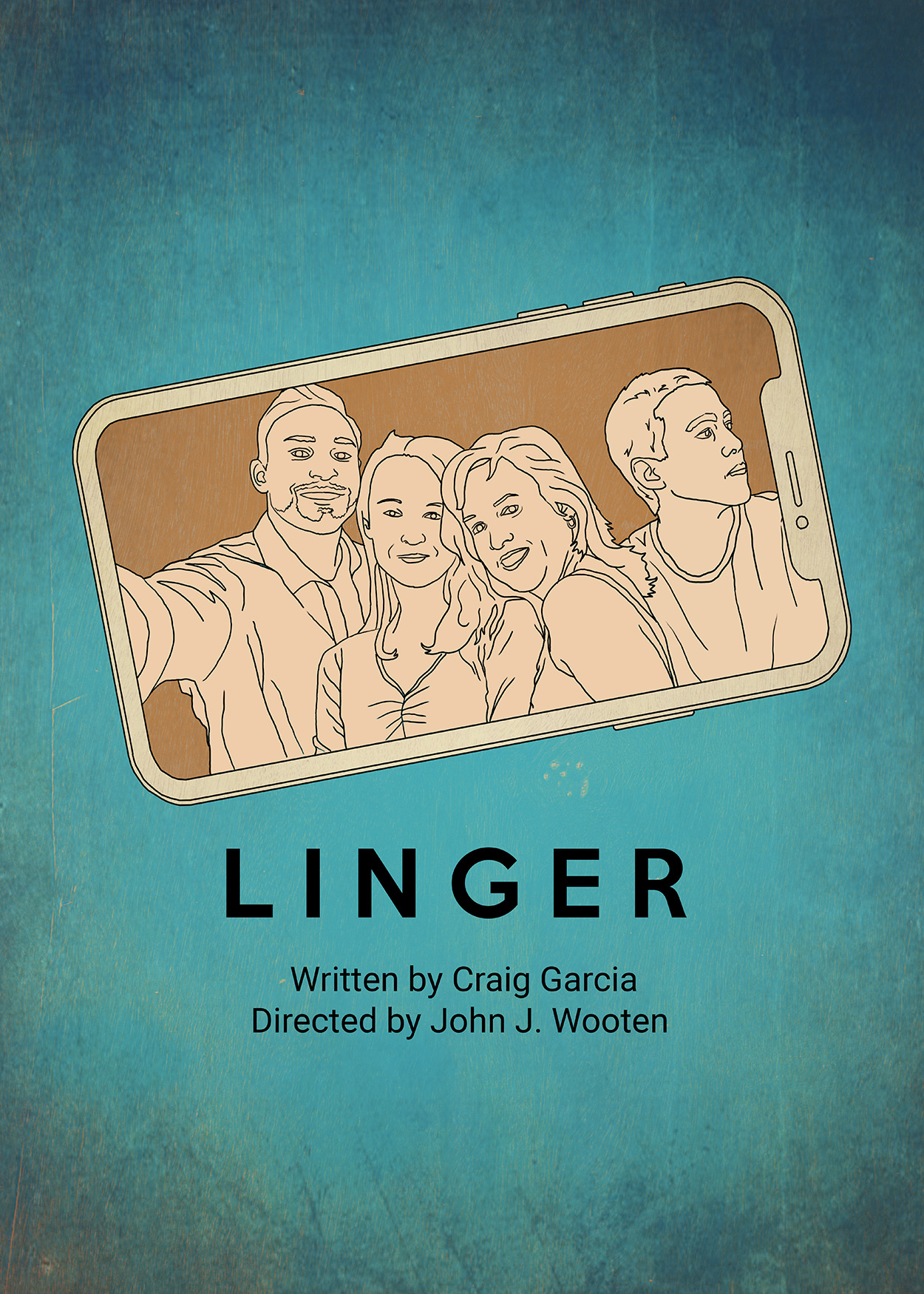 Key Art from Linger (2018). A drawn image of a family- man, woman, boy and girl- taking a "selfie". The image shows the image on the camera. The man, woman and girl are looking at the camera, the boy is looking to his left.