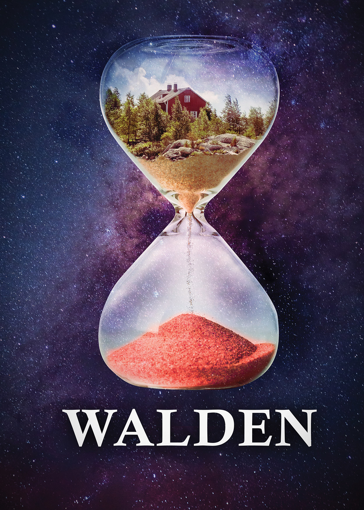 Key Art from Walden (2019). At the forefront of the image is a hourglass. The top bulb has a red house amongst tall trees. There is sand trickling down to the bottom bulb which is filling up with red sand. The hourglass is seemlingly floating through space.