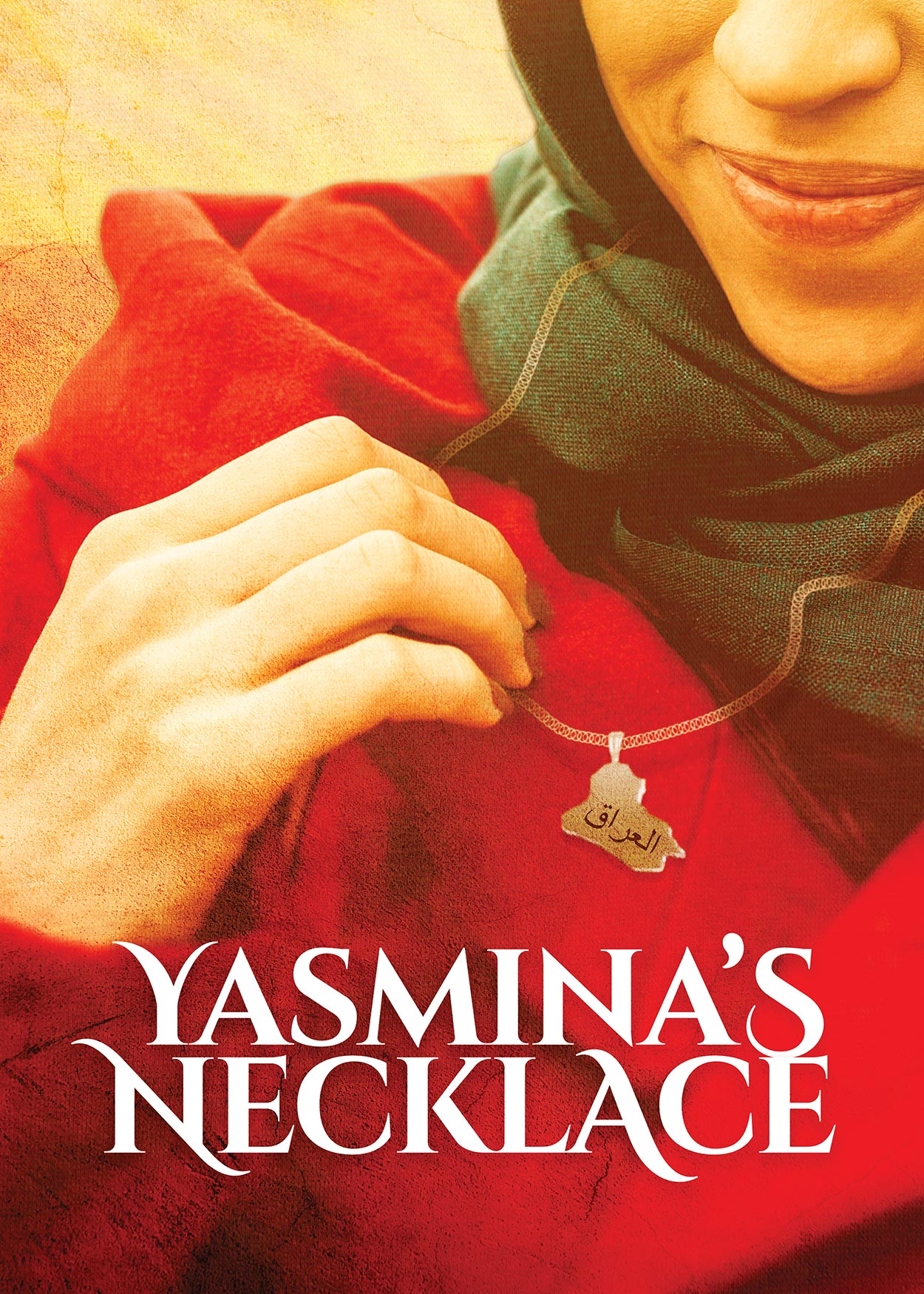 Key Art from Yasmina's Necklace (2019). An image of a woman wearing a gray hijab and red jacket. The image is cut off right above the woman's nose. She is holding a necklace she is wearing. The charm on the necklace is in the shape of Iraq.