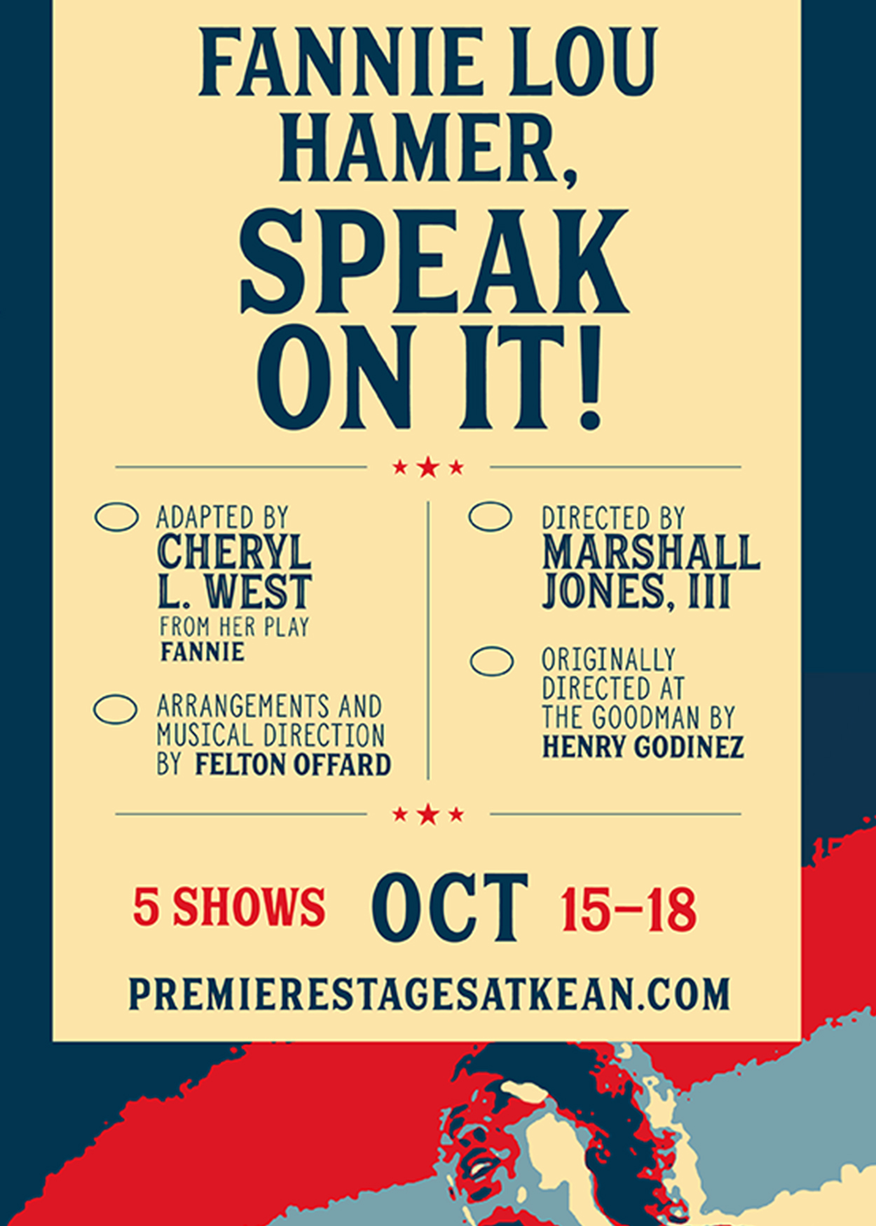 Key Art from Fannie Lou Hamer, Speak On It! (2020). An image of Fannie Lou Hamer, painted in stripes of navy, red, light blue, and pale yellow.