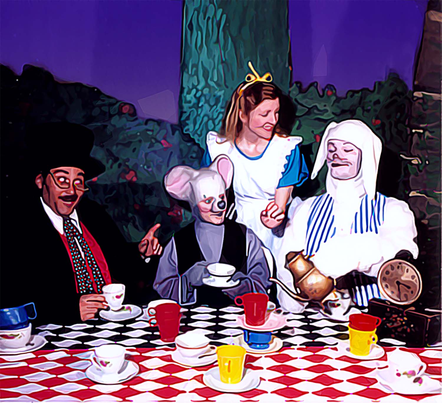 Alice at the tea table with the clock and the rabbit