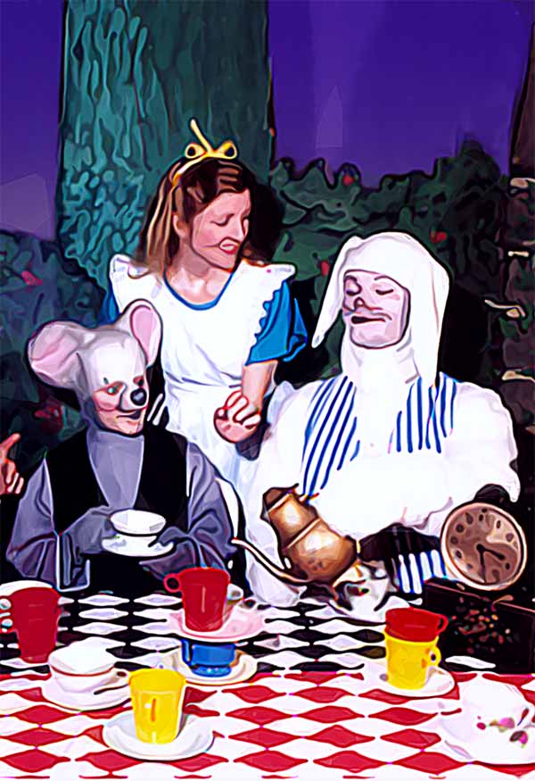 Alice at the tea table with the clock and the rabbit