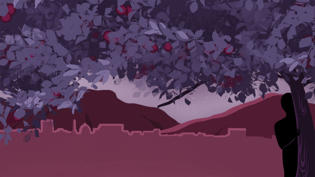 A night view of a city outline in the background, flanked by mountains. In the foreground, a huge tree on the right with a male silhouette hiding behind its trunk. This is an illustration.