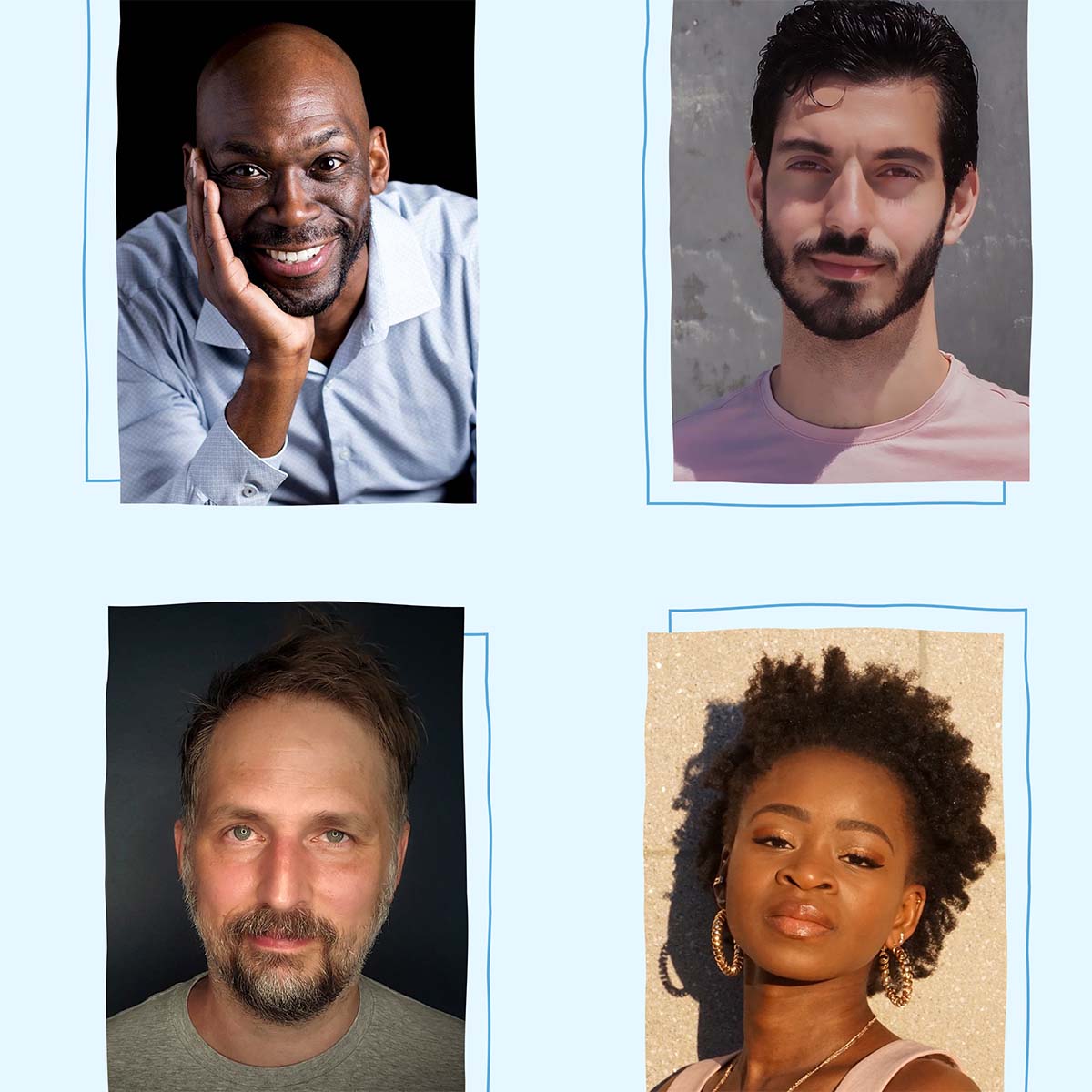 Four finalists for the Play Festival. From top, an African American male wearing a blue buttoned shirt, top right, a white male with black hair wearing a pullover, bottom-left a white male with a mustache, bottom right, African American female with short hair, golden earrings.