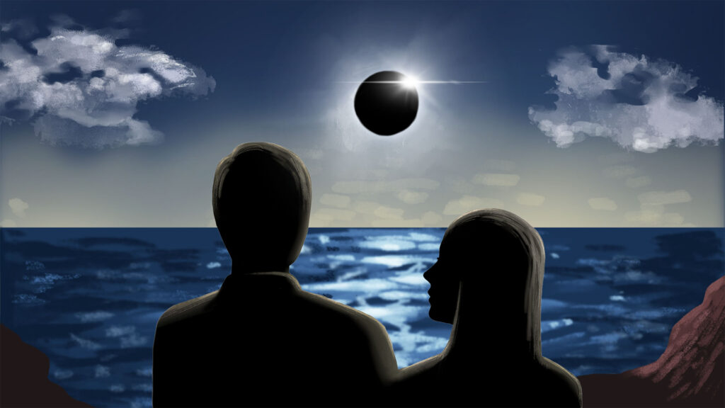 Satellites artwork, with a male and female silhouette with an eclipse among a cloudy night sky and being reflected on a beach