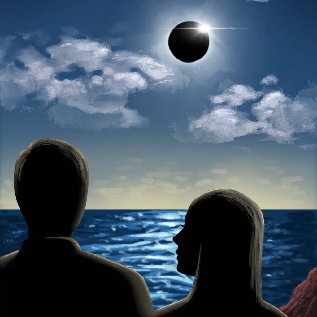 Satellites artwork, with a male and female silhouette with an eclipse among a cloudy night sky and being reflected on a beach