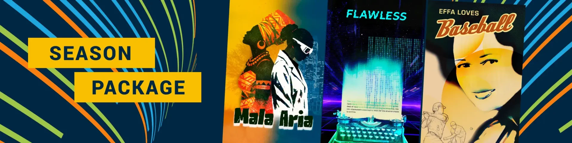 Colorful promotional design advertising entertainment packages featuring three distinct themes: a vibrant musical duo, a futuristic digital setup, and a retro-style film poster. Accompanied by dynamic, multicolored lines on a dark background