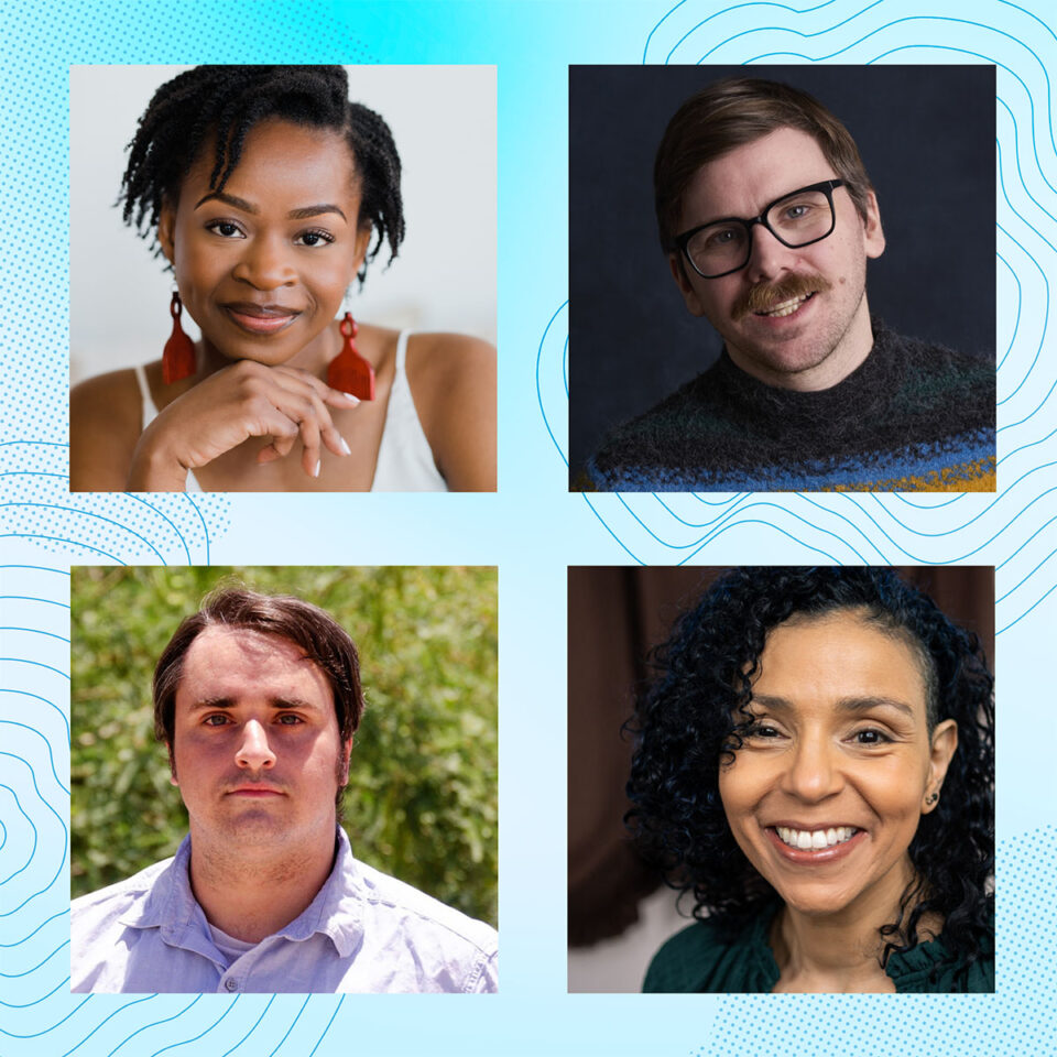 Current Shows 2 A collage of four different portraits, each featuring individuals with distinct styles and expressions, is set against a modern, abstract blue background. Counter-clockwise from top to bottom, the headshots include a woman with natural hair and red earrings, a man with glasses and a mustache, a smiling woman with curly hair, and a man in a collared shirt with a neutral expression. The background is stylized with abstract line patterns.