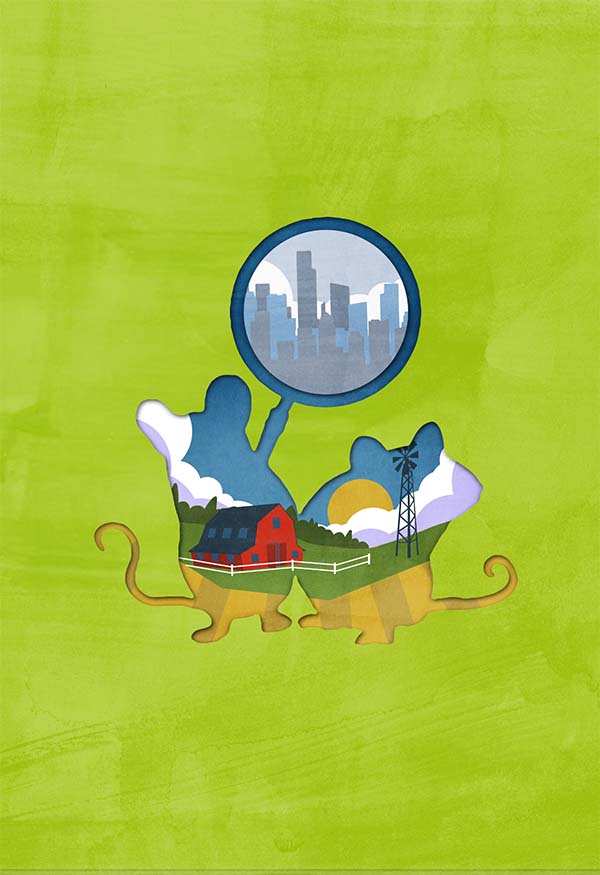 A silhouette of a two mice holding a magnifying glass with the skyline of what appears to be new york city. inside the mice there's contrasting view to the city, with a red farm and clouds and open space