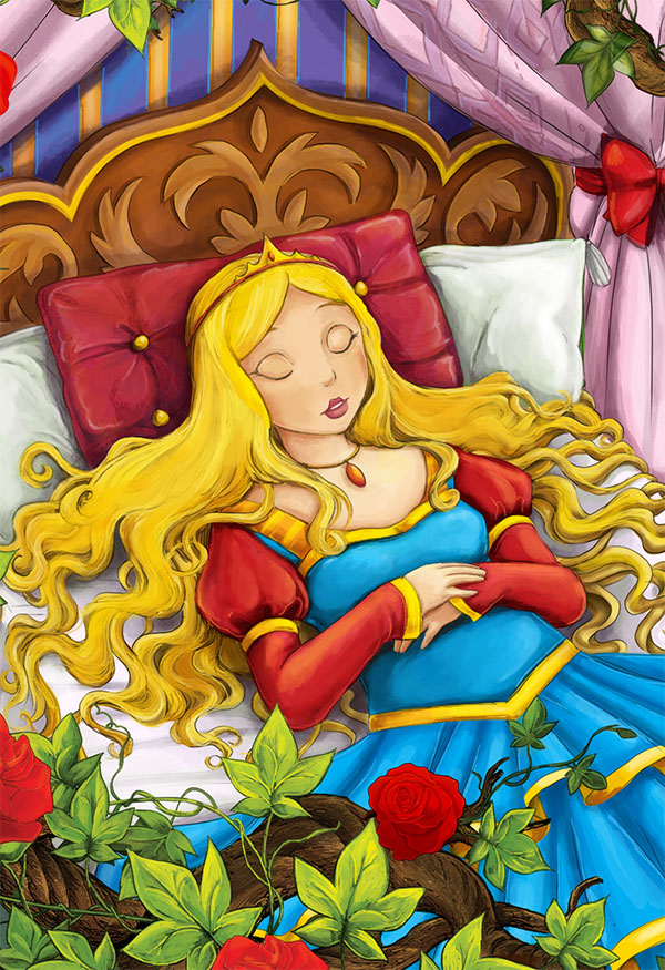 A fairytale princess with long, flowing blonde hair rests peacefully on a luxurious bed in an ornate castle setting. Dressed in a vibrant blue and red gown, she is surrounded by roses and lush greenery, symbolizing enchantment and magic.