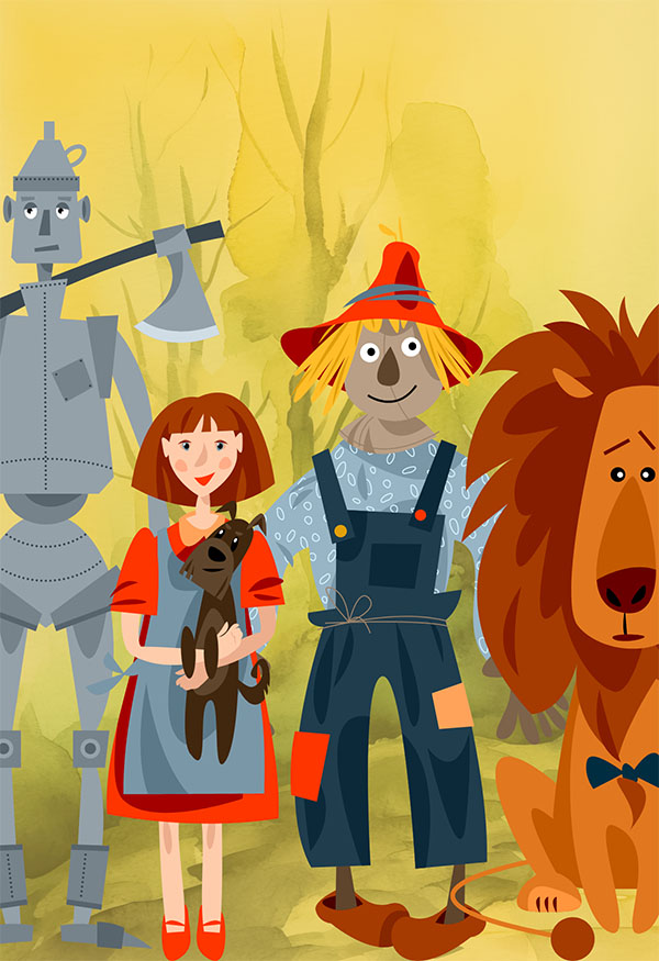 Four iconic characters stand together, symbolizing courage, intelligence, heart, and innocence. Set against a dreamlike, yellow backdrop, the figure lineup includes a brave girl with her small dog, a heart-seeking tin woodman, a curious scarecrow, and a timid lion. Each character is illustrated with bright, bold colors, depicting a sense of adventure and companionship.