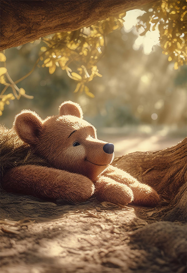 A plush teddy bear rests contentedly under the shade of a tree, with dappled sunlight streaming through the leaves, creating a warm and serene atmosphere. The bear's soft texture contrasts with the rough bark of the tree, while the golden light adds a touch of whimsy and relaxation.