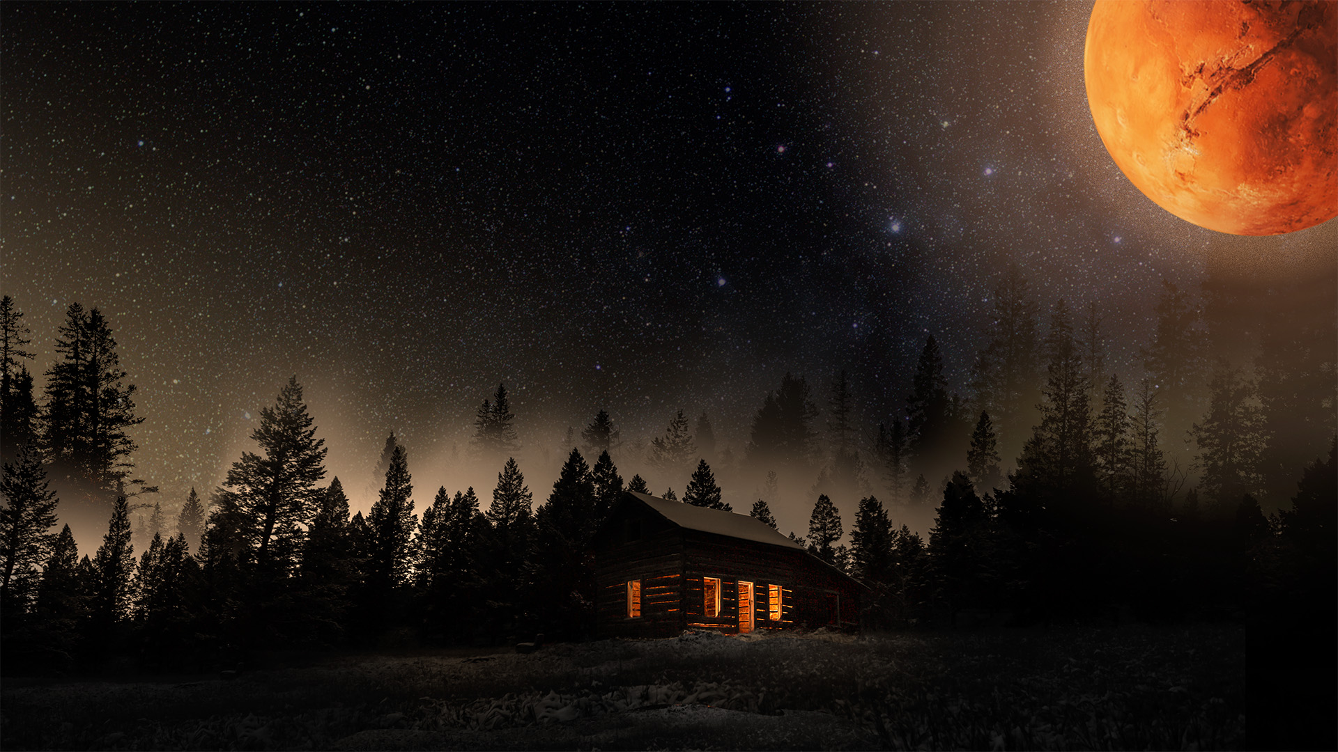 A cabin in the forest, surrounded by fog, at night, slightly illuminated by Mars peeking on the top right corner