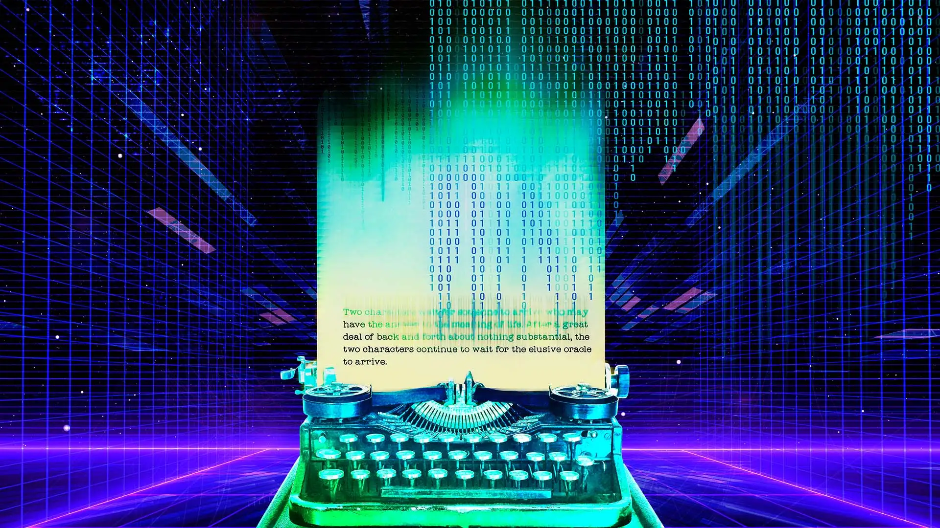 A vintage typewriter is overtaken by streams of binary code, symbolizing the blend of traditional writing tools and modern digital technology. A phrase on the paper morphs into binary code until part of it becomes illegible. The background features a neon-colored, grid-like virtual environment, suggesting cyberspace or a digital matrix.