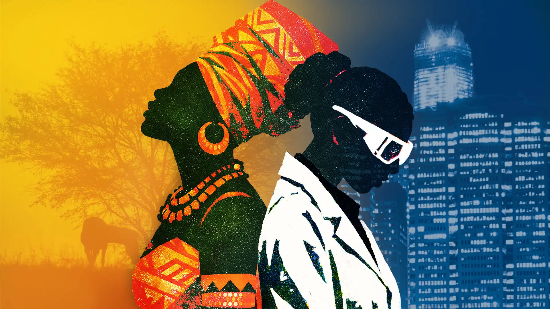 A silhouette of a woman in traditional African attire is back-to-back with a silhouette of a woman in a lab coat and safety goggles. The background contrasts between a rural African landscape with a tree and the silhouette of a lion, and urban skyscrapers against a blue nighttime sky.