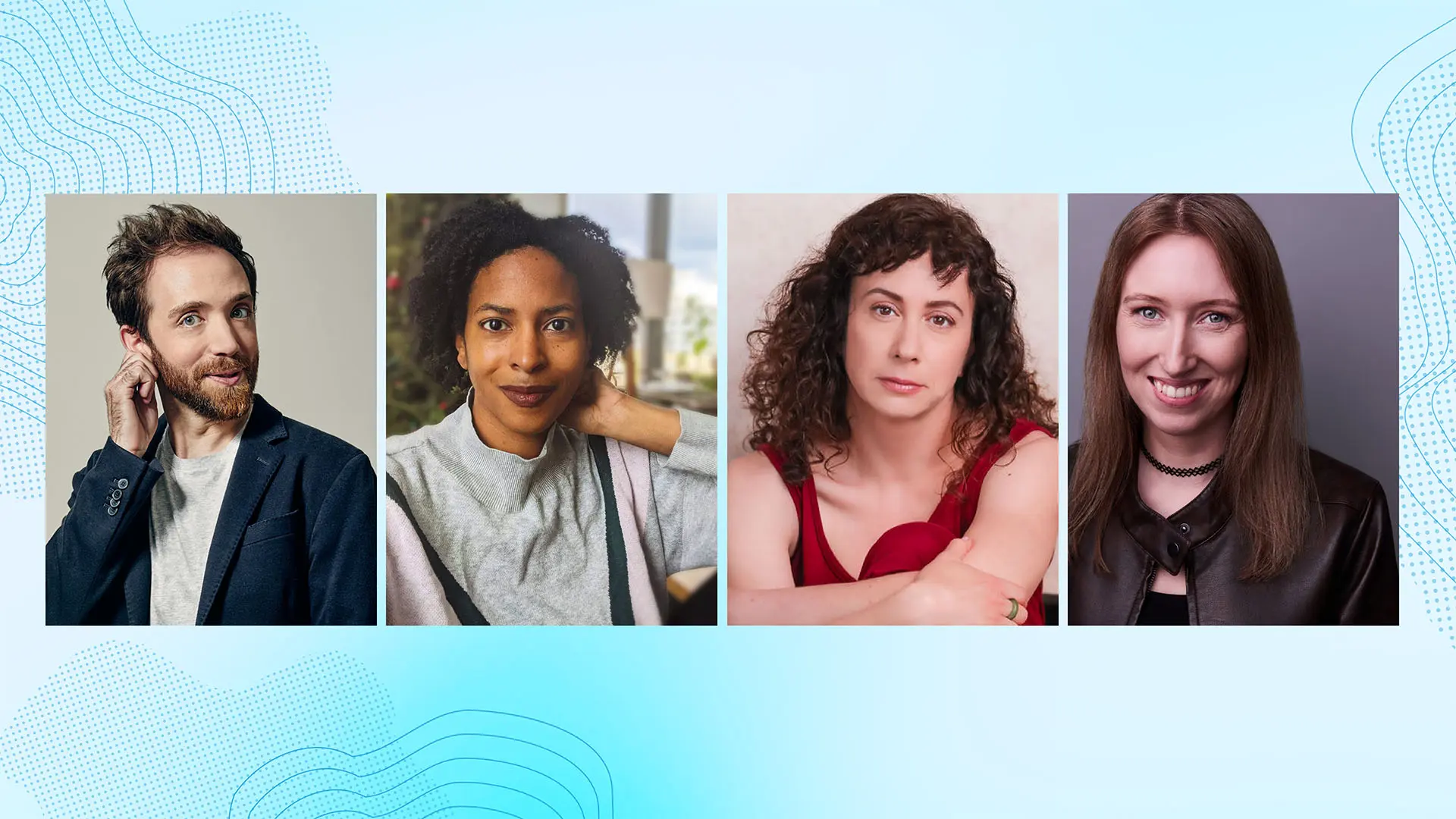 A collage features four diverse individuals, each in separate portraits. The left portrait shows a man in a dark suit, looking to the side with a thoughtful expression. Next, a woman with curly hair in a casual grey top and orange background smiles gently. The third person is a woman with curly hair in a red top, with a neutral expression on a plain pink background. The last photo is of a woman with straight hair in a black jacket, smiling warmly. The background of the collage is light blue with abstract patterns.