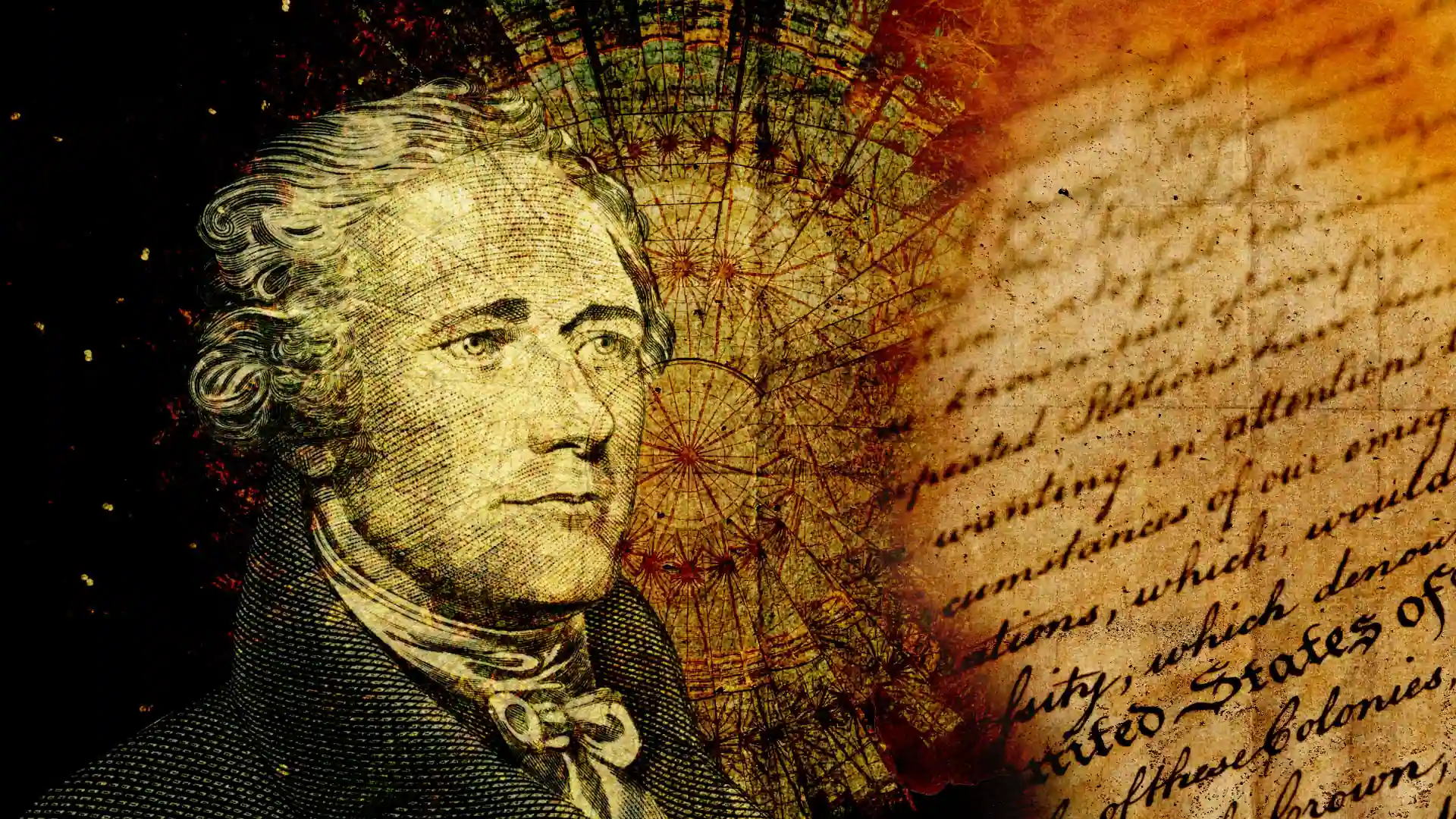 Alexander Hamilton old picture with a vintage background and the letters of the declaration of independence on the right