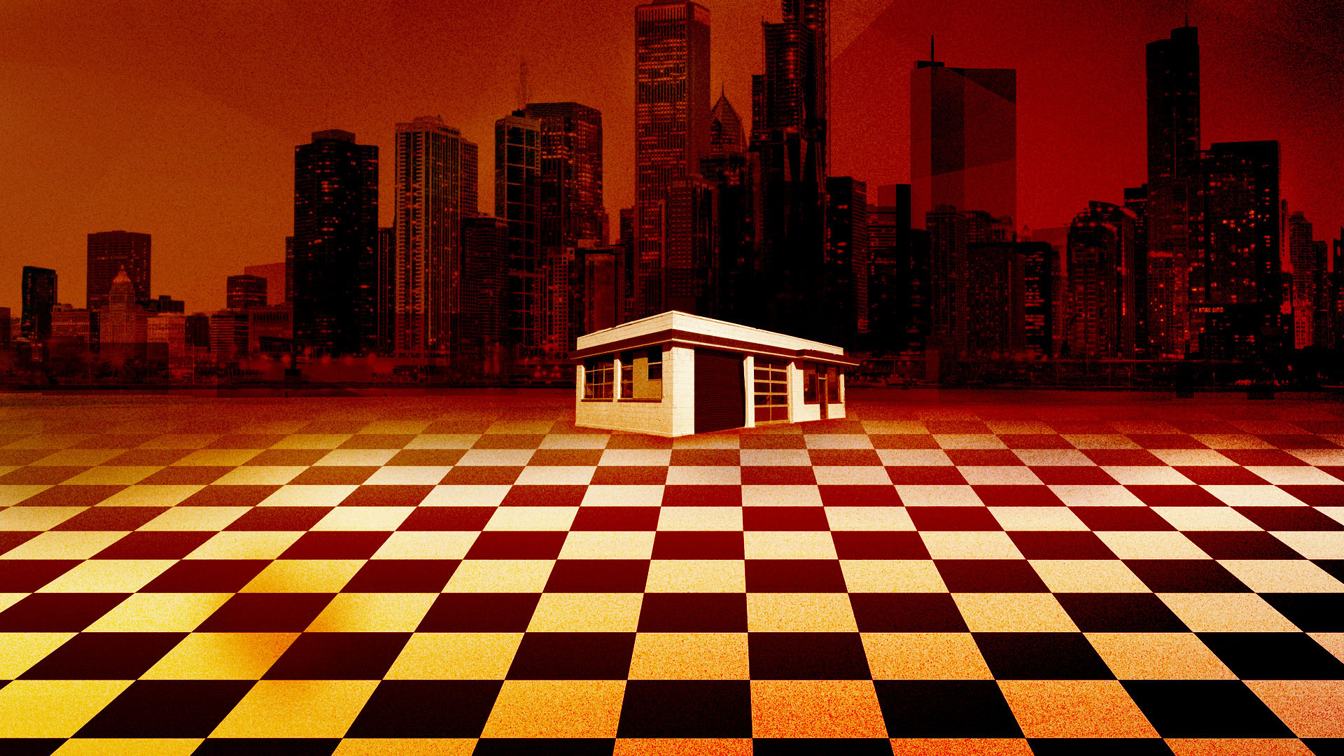 A garage sits in a chess board and a looming cityscape in dark and red sits in the background