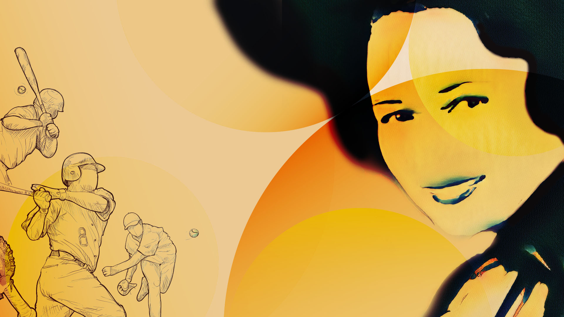 On the left, dynamic sketches of baseball players in action are rendered in a pencil-like style. On the right, a stylized face with bold geometric shapes and warm orange tones completes the composition, creating a contrast between realism and abstraction.