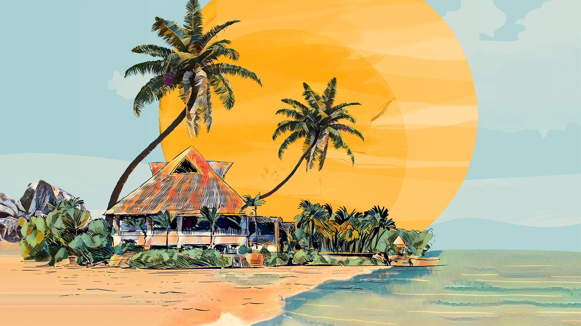 Restaurant bungalow surrounded by palm trees, near the beach, with a big sun in the back... all in a painted style with muted colors.