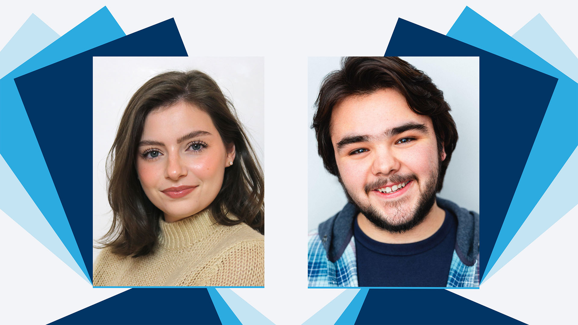 A young woman and a young man are depicted in individual portraits. The woman has brown hair, is wearing a beige sweater, and has a neutral, friendly expression. The man has darker hair, a beard, and is wearing a checked shirt over a dark t-shirt, smiling warmly. The background features abstract geometric shapes in varying blue shades.