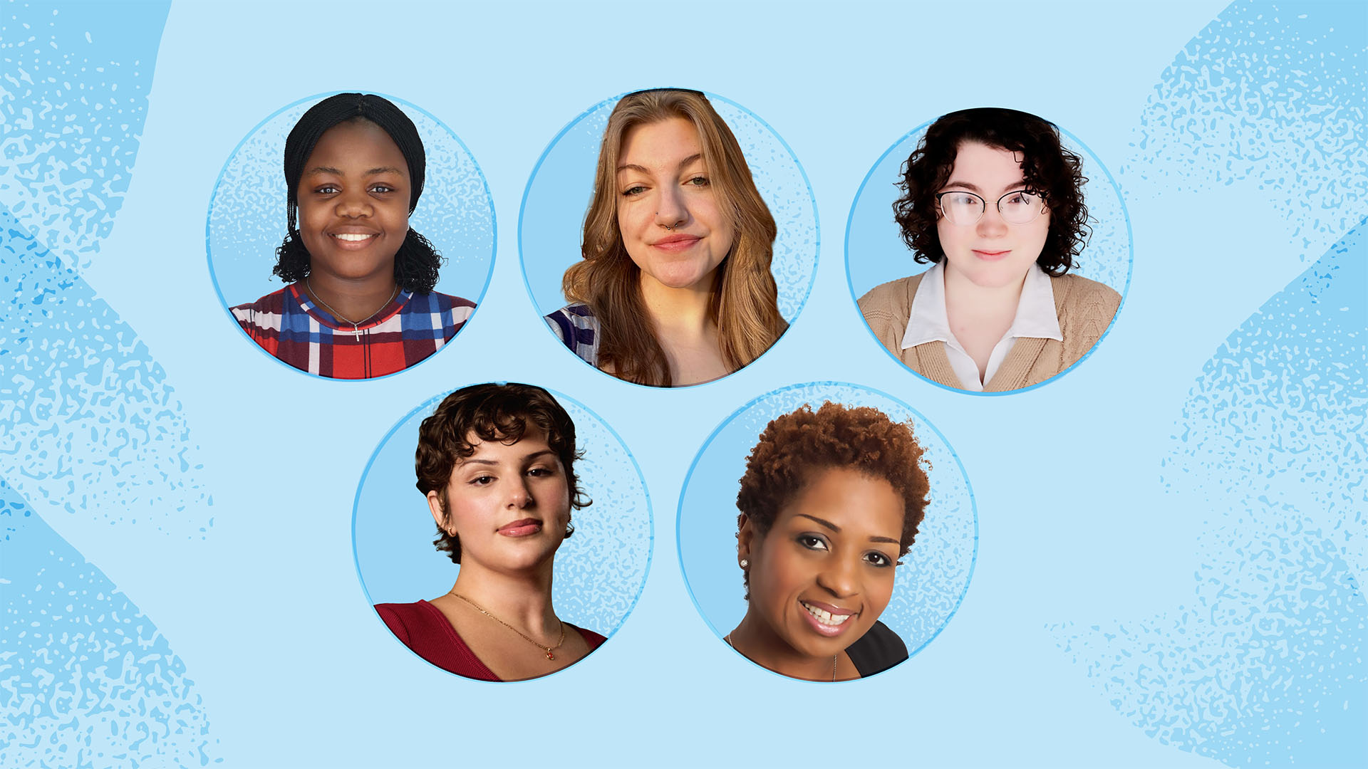 A collage featuring five diverse individuals in circular frames set against a textured blue background. Each person showcases unique styles and expressions, highlighting diversity and individuality.