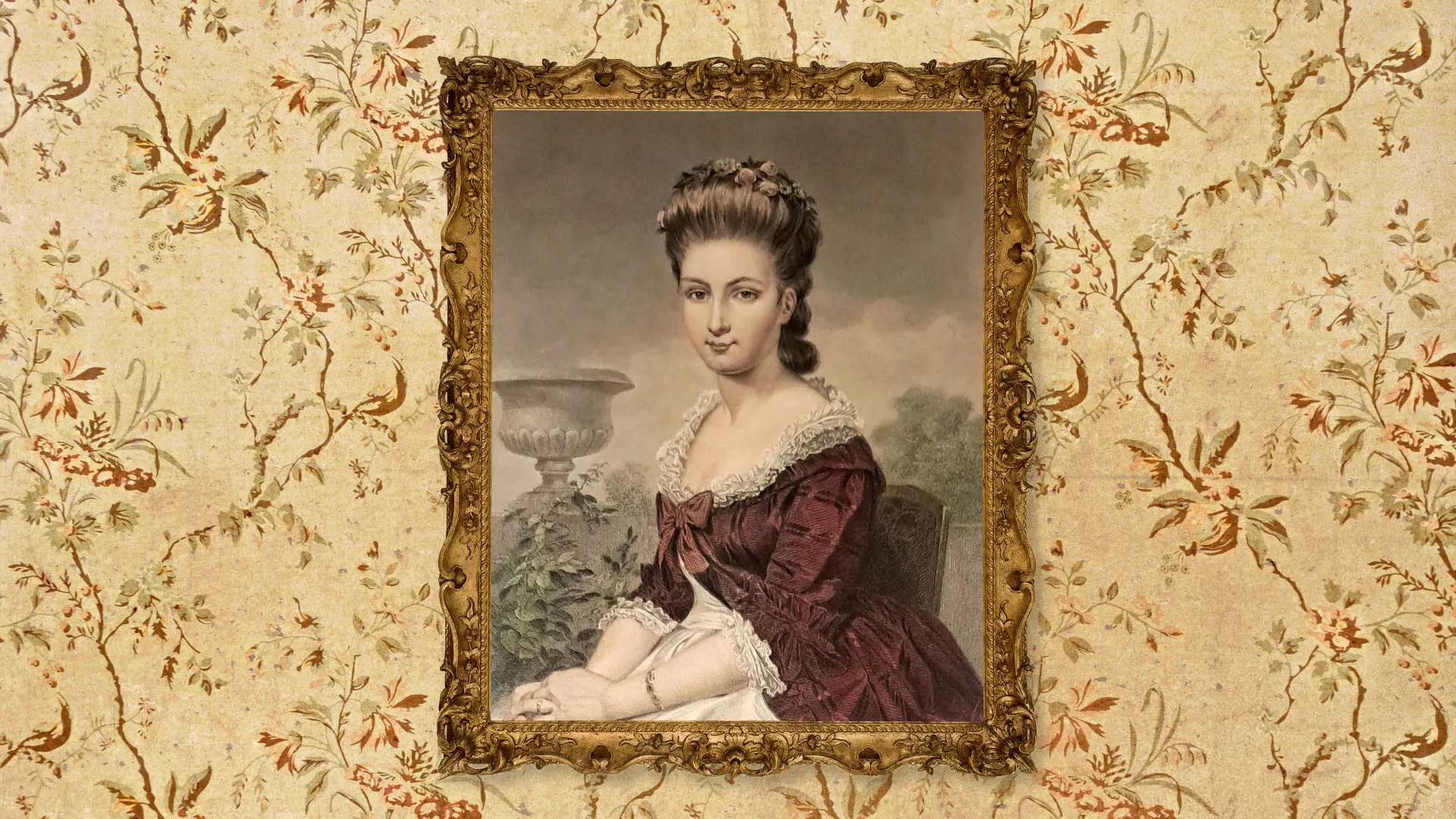 Framed portrait painting of Sarah Livingston Jay seated in an elegant burgundy-and-white gown, displayed against a floral-patterned wallpaper background.