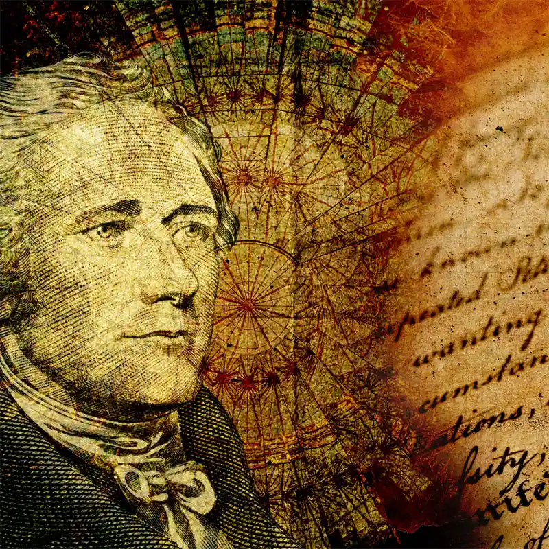 Alexander Hamilton old picture with a vintage background and the letters of the declaration of independence on the right