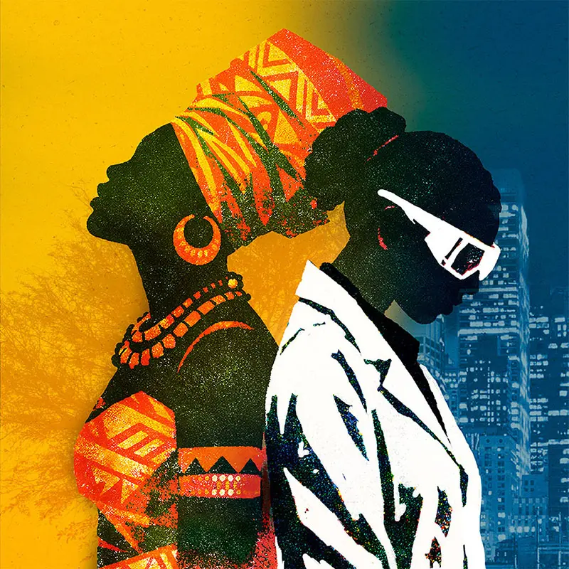 A silhouette of a woman in traditional African attire is back-to-back with a silhouette of a woman in a lab coat and safety goggles. The background contrasts between a rural African landscape with a tree and the silhouette of a lion, and urban skyscrapers against a blue nighttime sky.