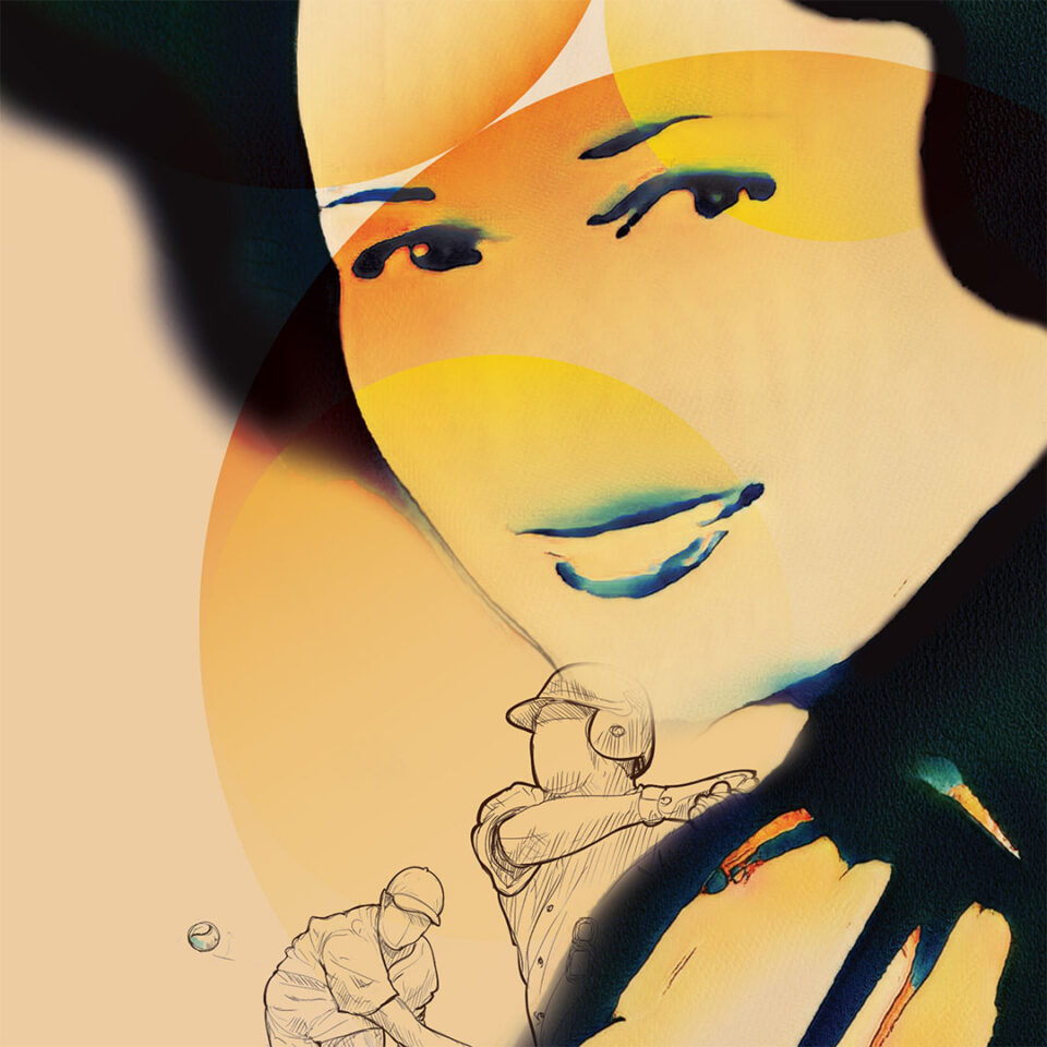 A vibrant image combines abstract artistry with sports illustration. On the left, dynamic sketches of baseball players in action are rendered in a pencil-like style. On the right, a stylized face with bold geometric shapes and warm orange tones completes the composition, creating a contrast between realism and abstraction.
