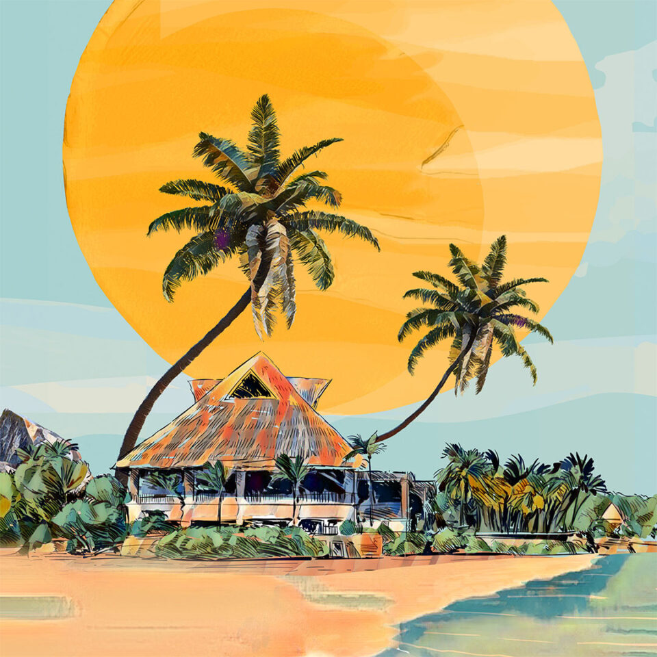 Restaurant bungalow surrounded by palm trees, near the beach, with a big sun in the back... all in a painted style with muted colors.