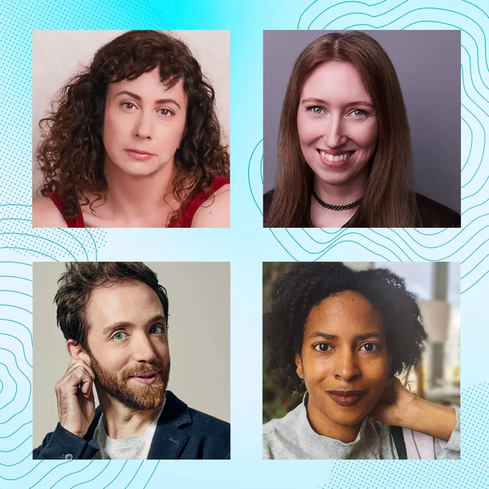 A collection of four individual portraits set against a vibrant, abstract background with contour lines. The individuals are notably diverse, representing different genders and likely different backgrounds. Each portrait showcases unique expressions and styles, contributing to an overall theme of diversity and individuality.