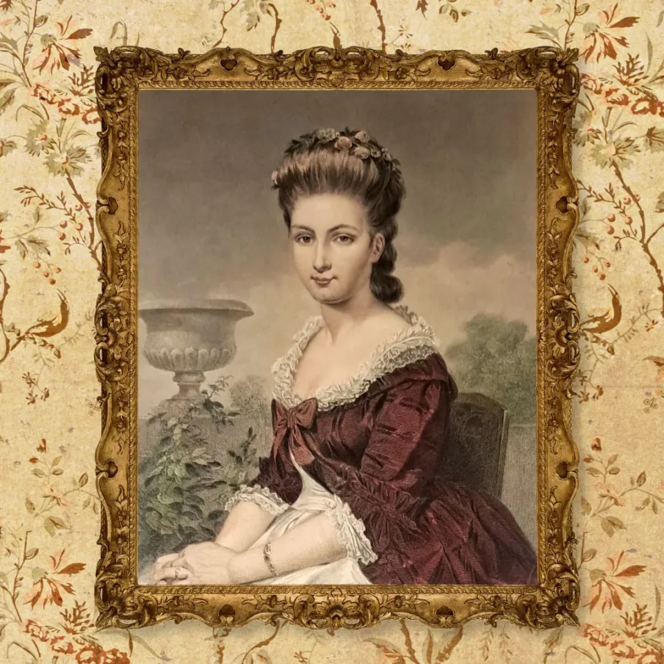 Framed portrait painting of Sarah Livingston Jay seated in an elegant burgundy-and-white gown, displayed against a floral-patterned wallpaper background.