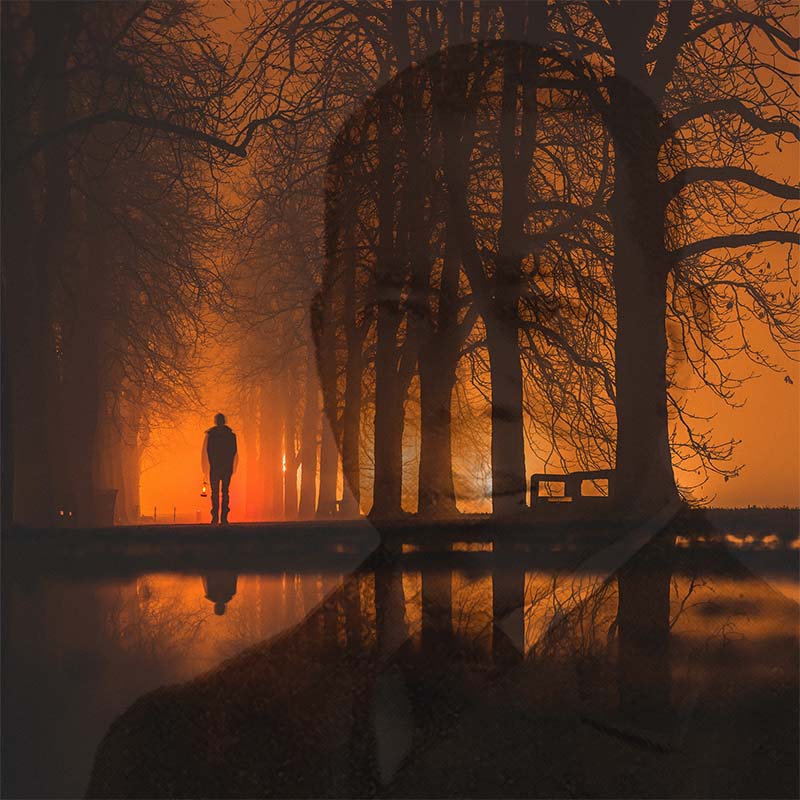 A man in the distance, holding a lantern and walking through a line of trees while the sun sets. His reflection is seen in the river in the foreground. A silhouette of an African American man can be seen through the trees.