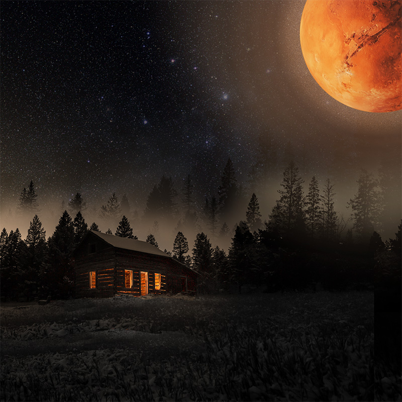 A cabin in the forest at night, surrounded by fog, slightly illuminated by Mars peeking on the top right corner