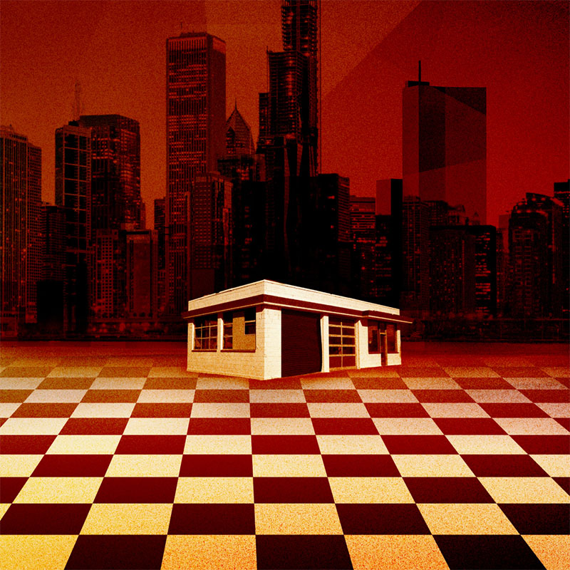 A garage sits in a chess board and a looming cityscape in dark and red sits in the background